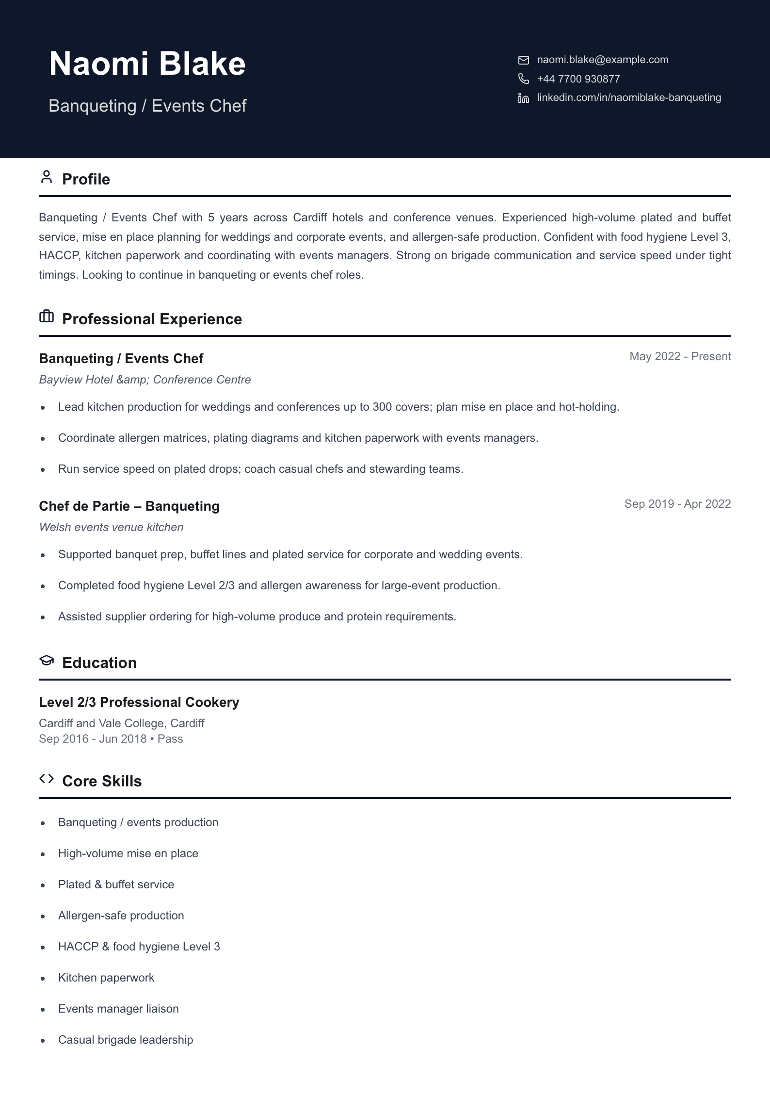 banqueting events chef cv template