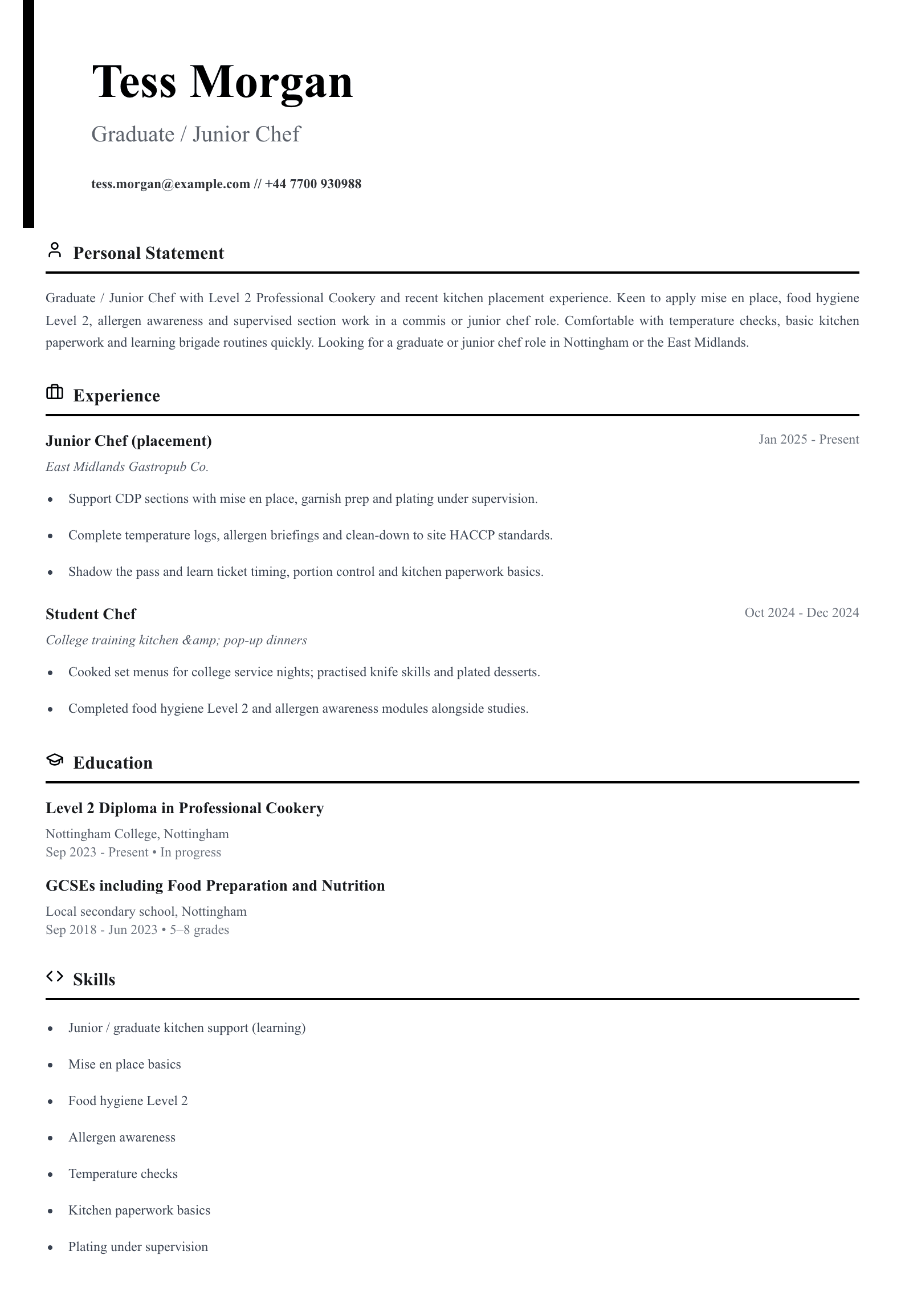graduate junior chef cv template