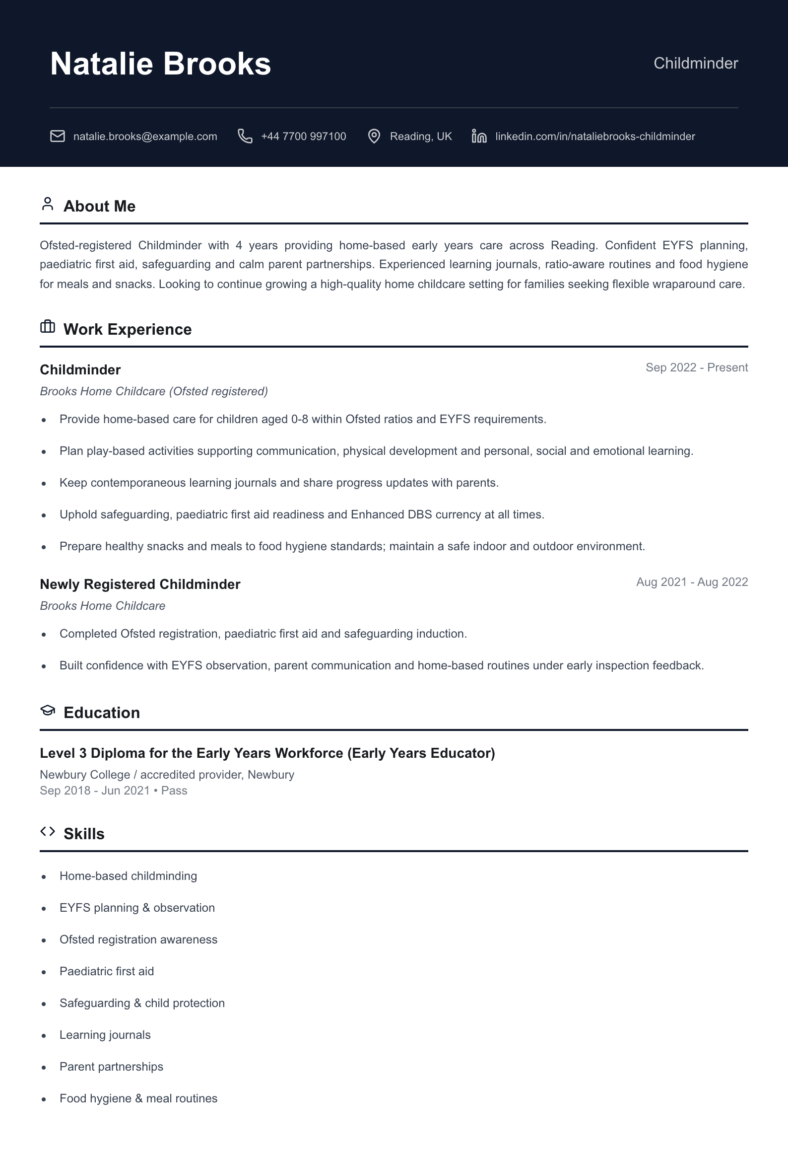 childminder cv template