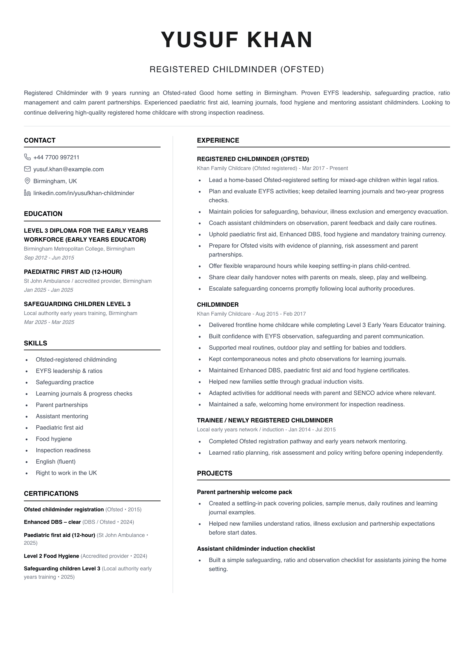 registered ofsted childminder cv template