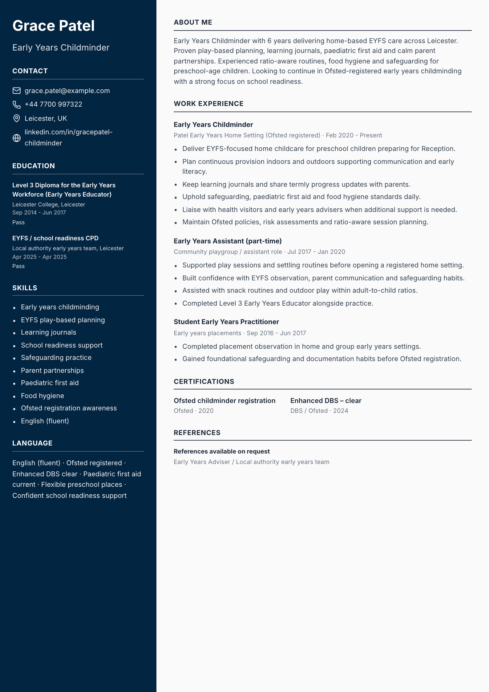 early years childminder cv template