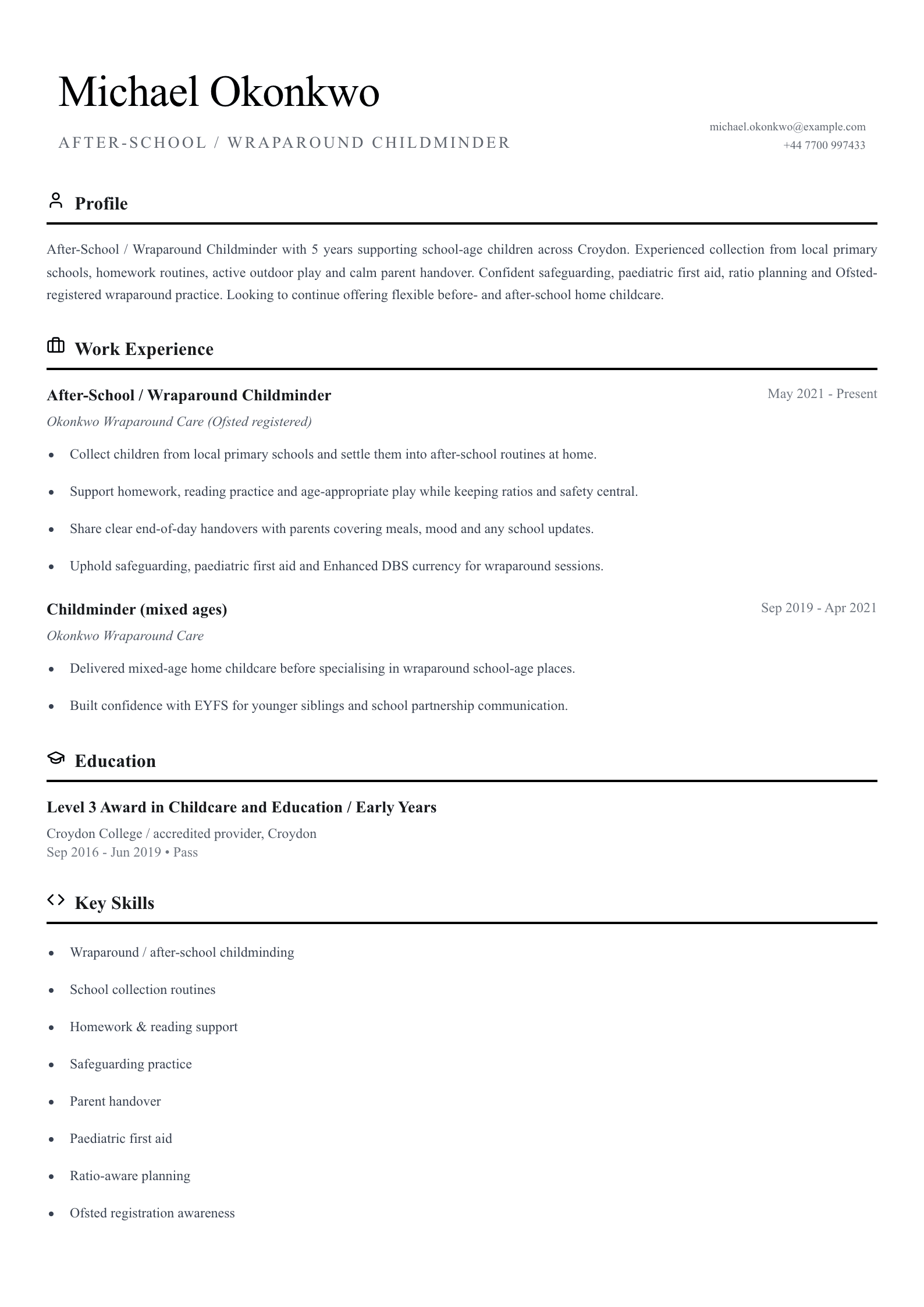 after school wraparound childminder cv template