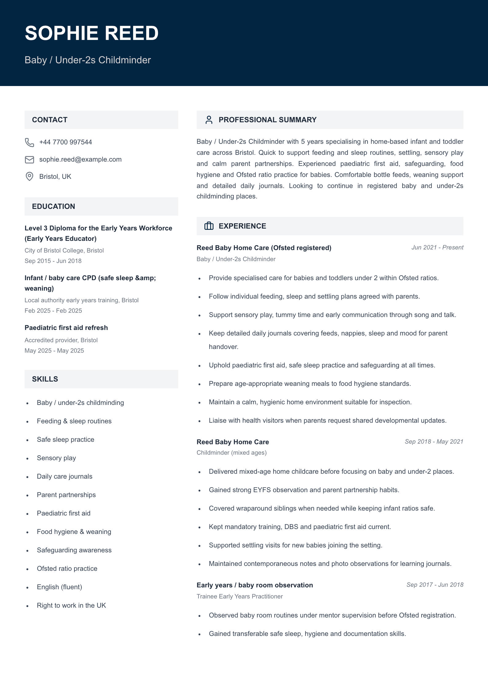baby under 2s childminder cv template