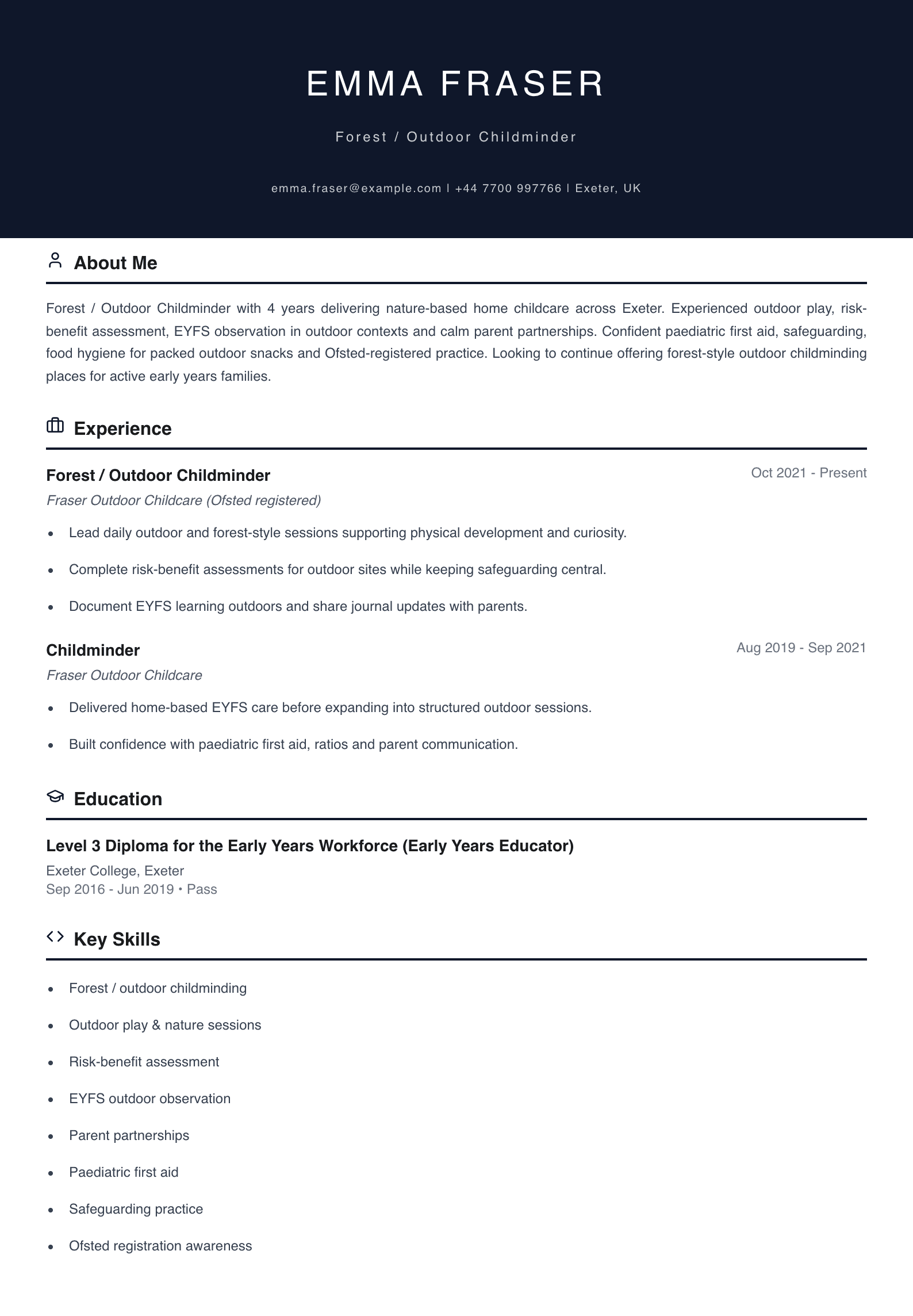 forest outdoor childminder cv template