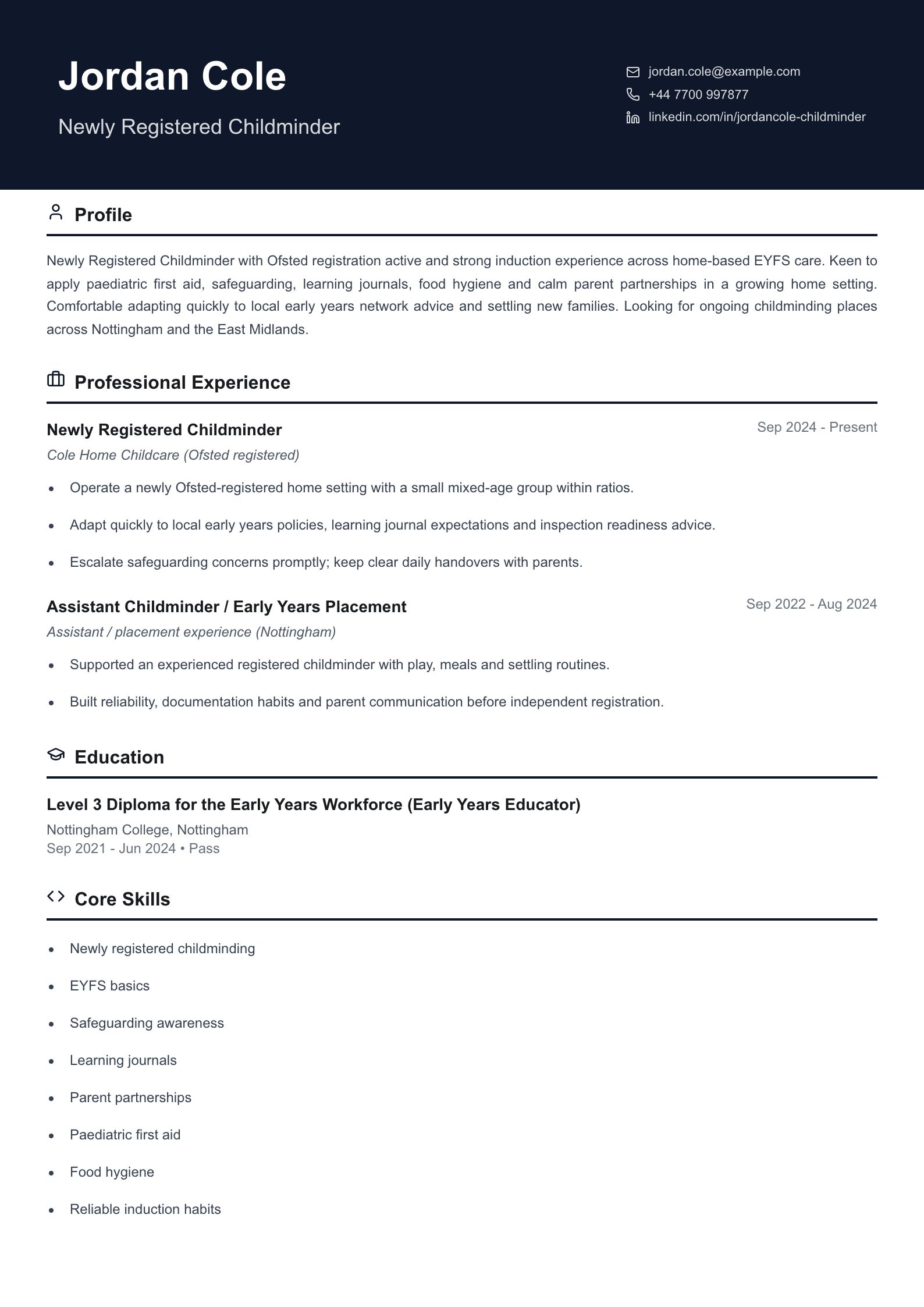 newly registered childminder cv template