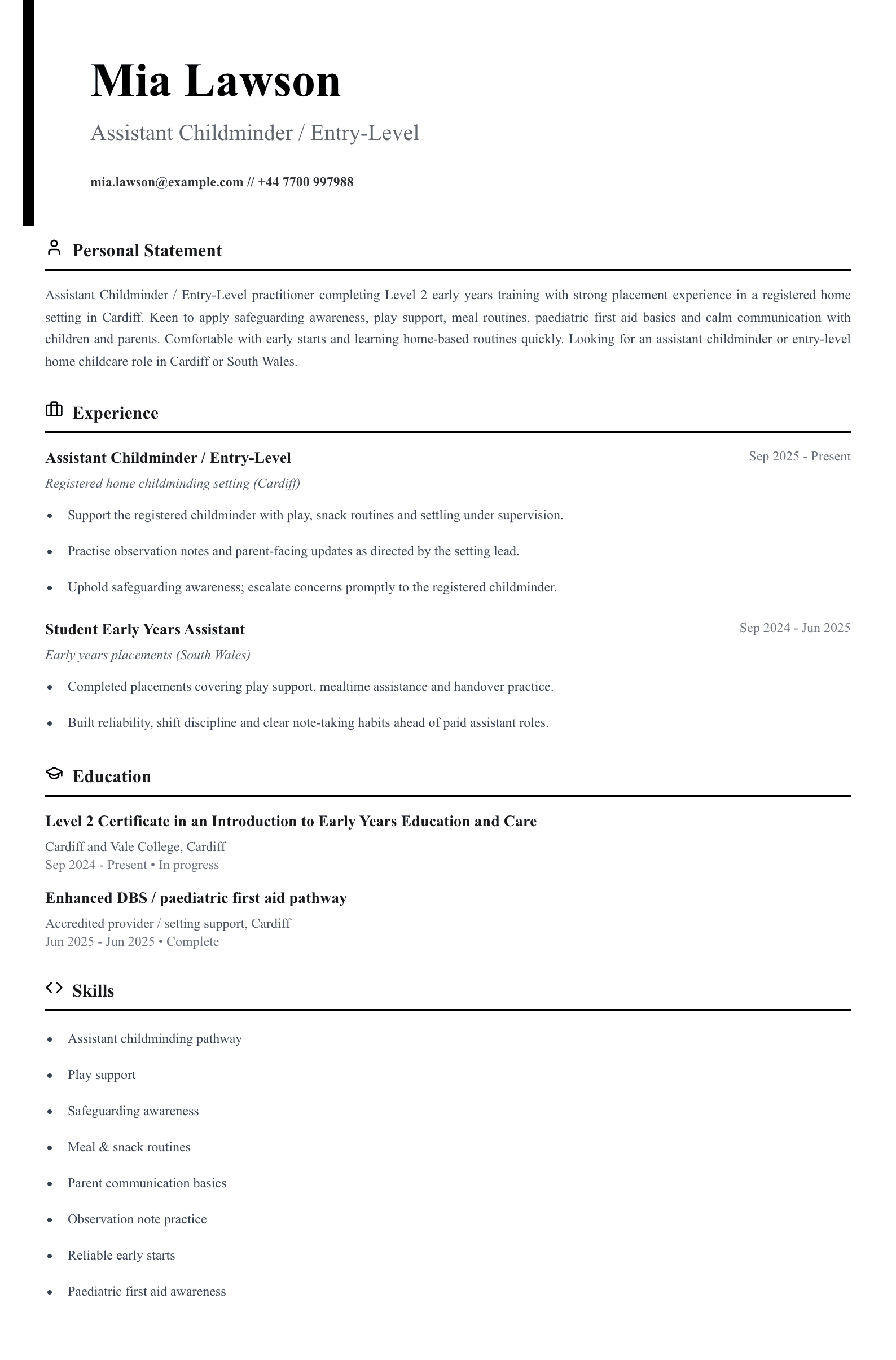 assistant childminder entry level cv template