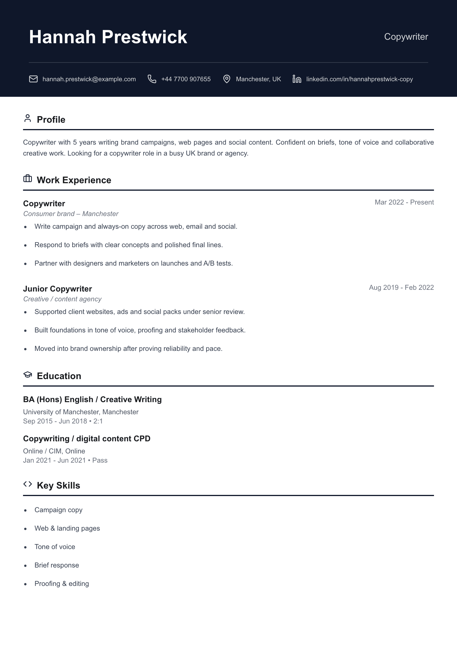 Copywriter CV template