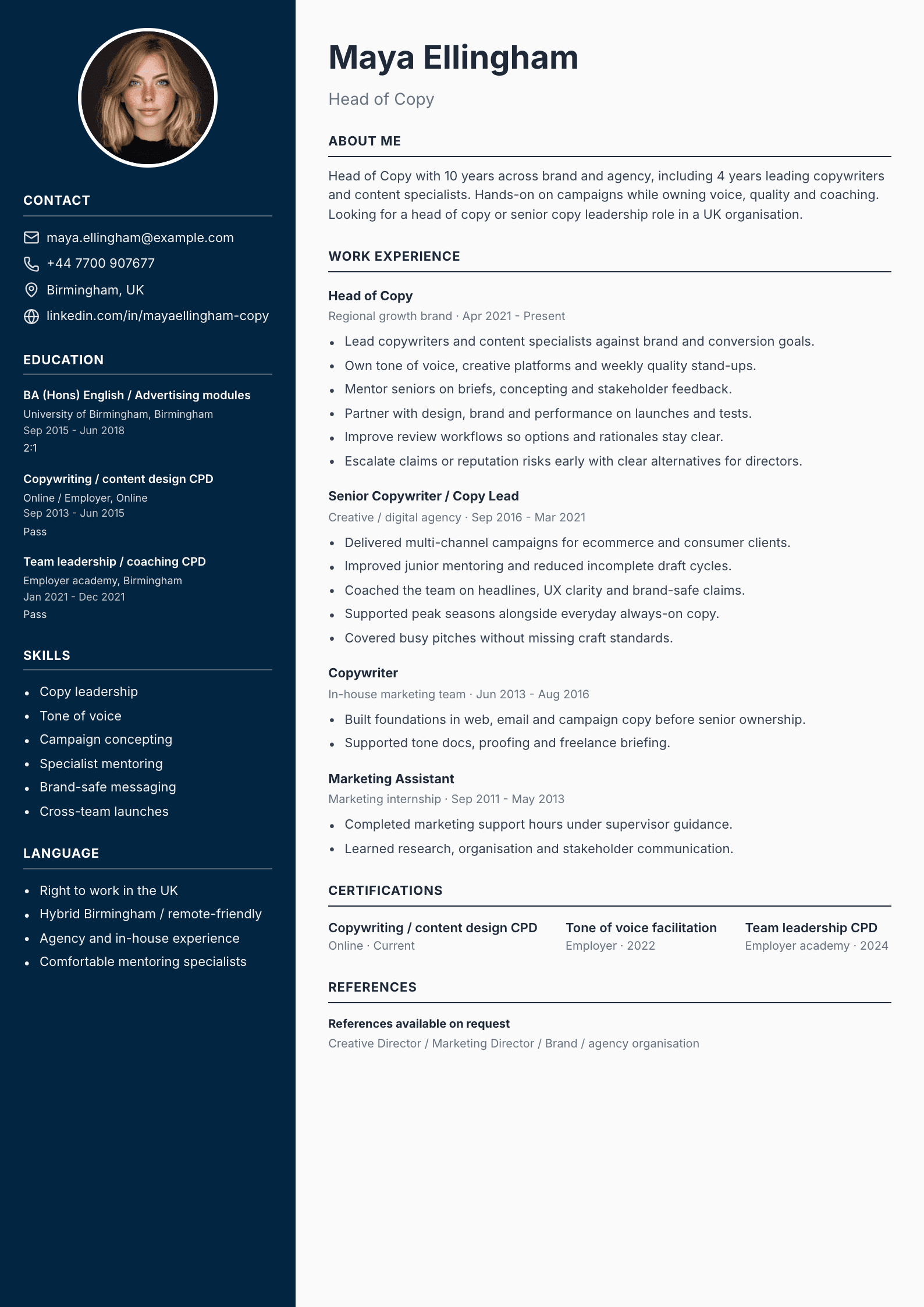 Head of copy CV template