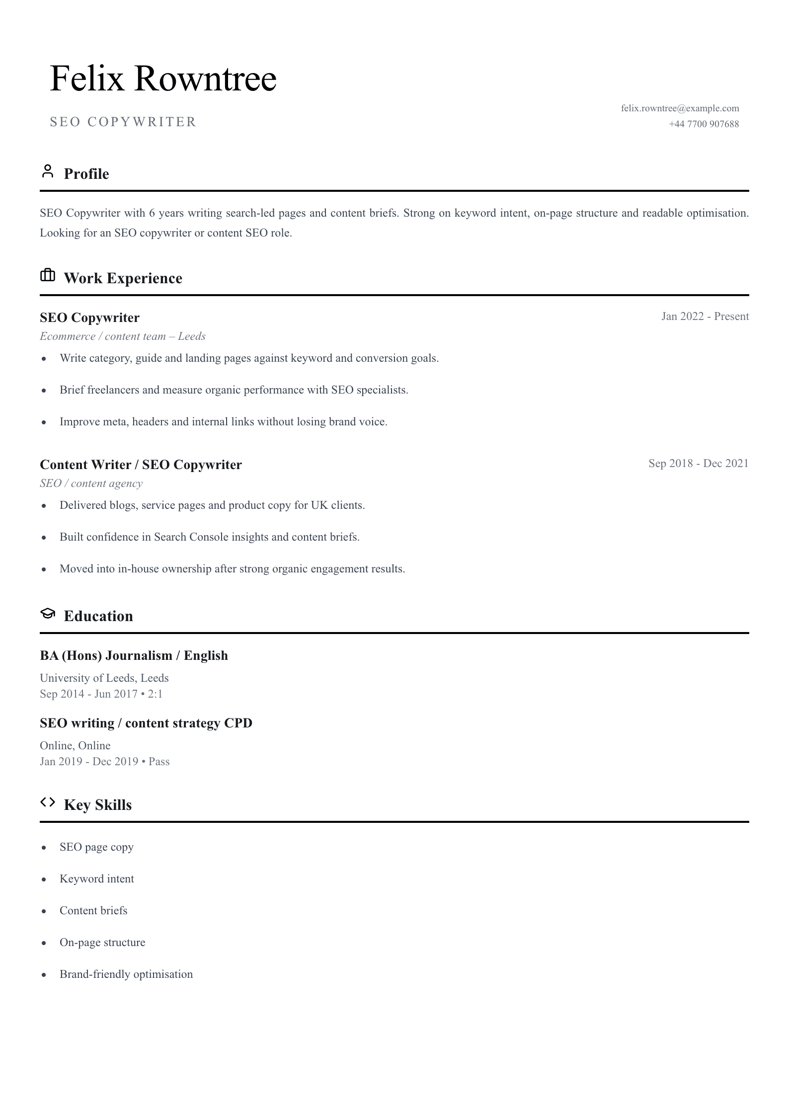 SEO copywriter CV template