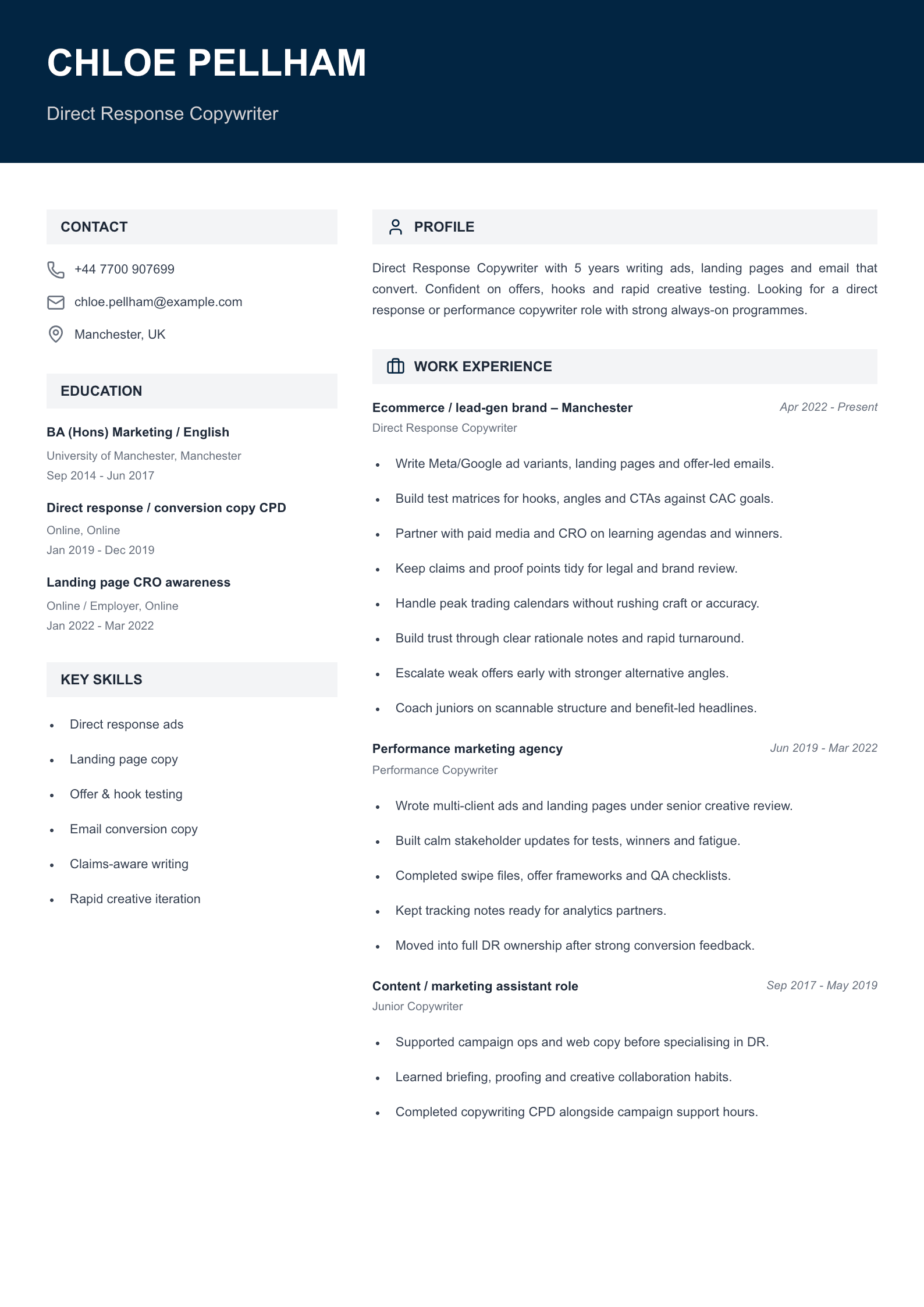direct response copywriter CV template