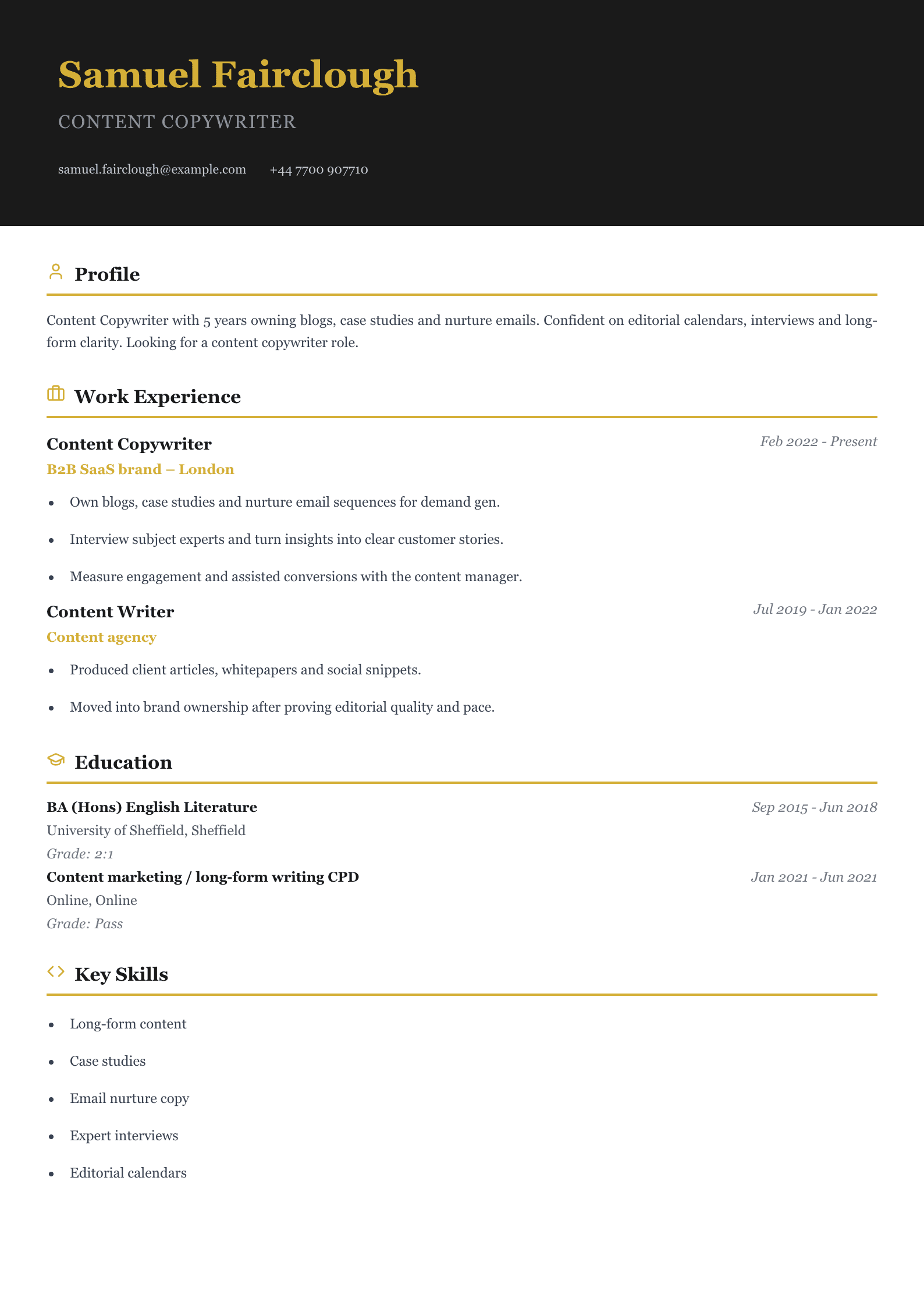 content copywriter CV template
