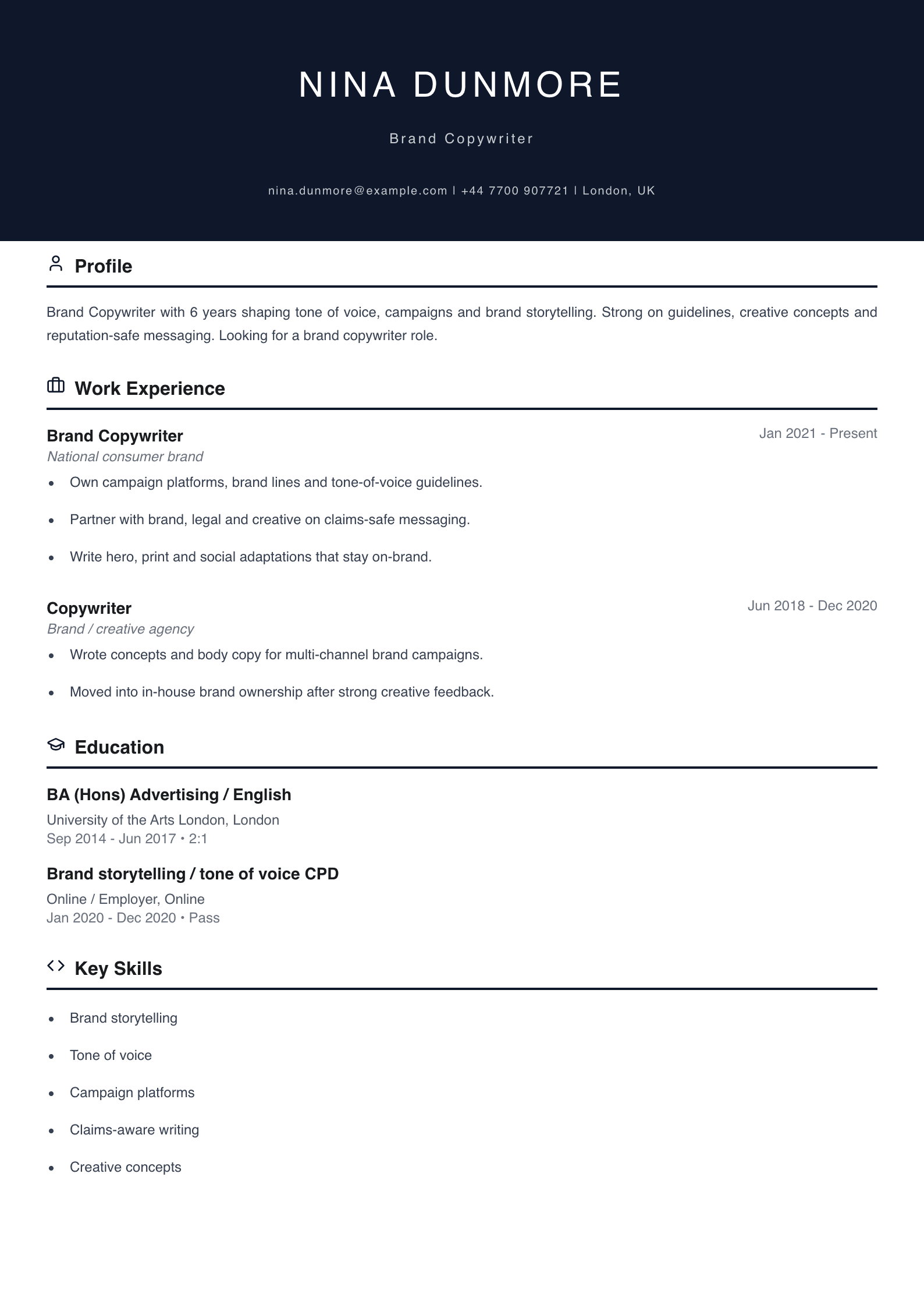 brand copywriter CV template