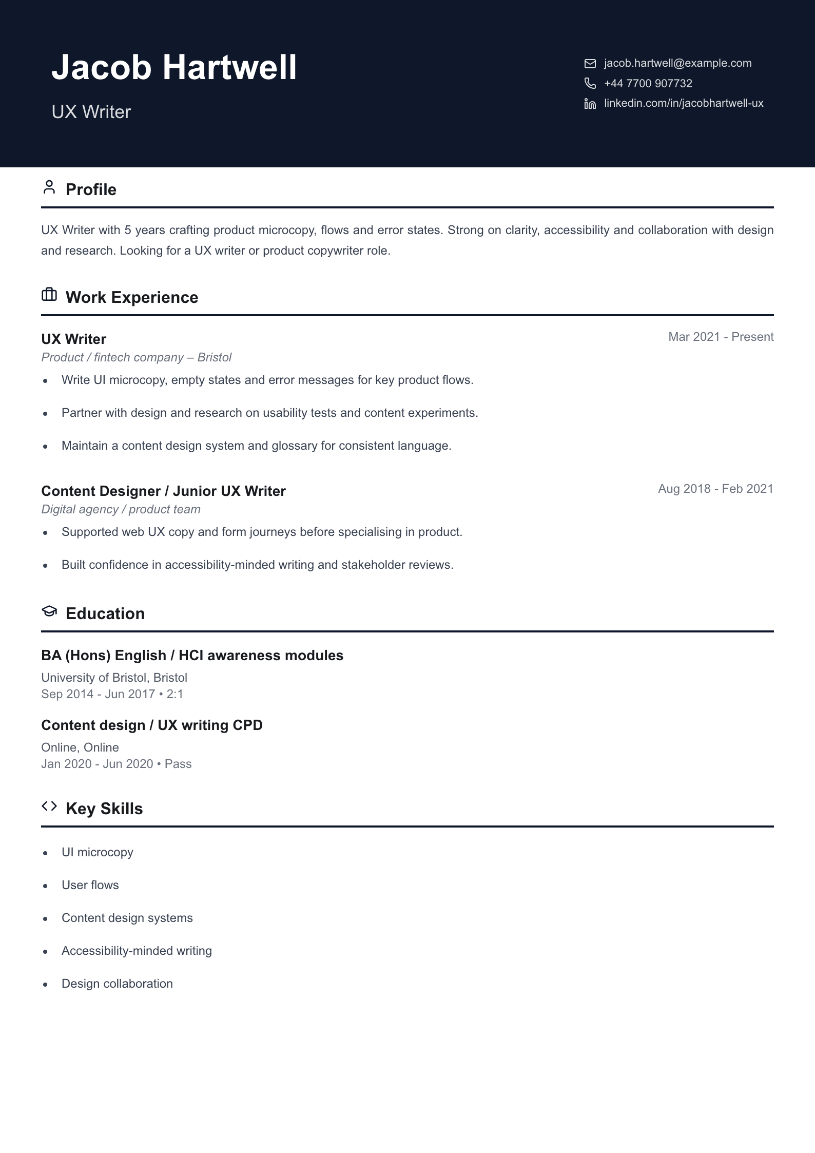 UX writer CV template