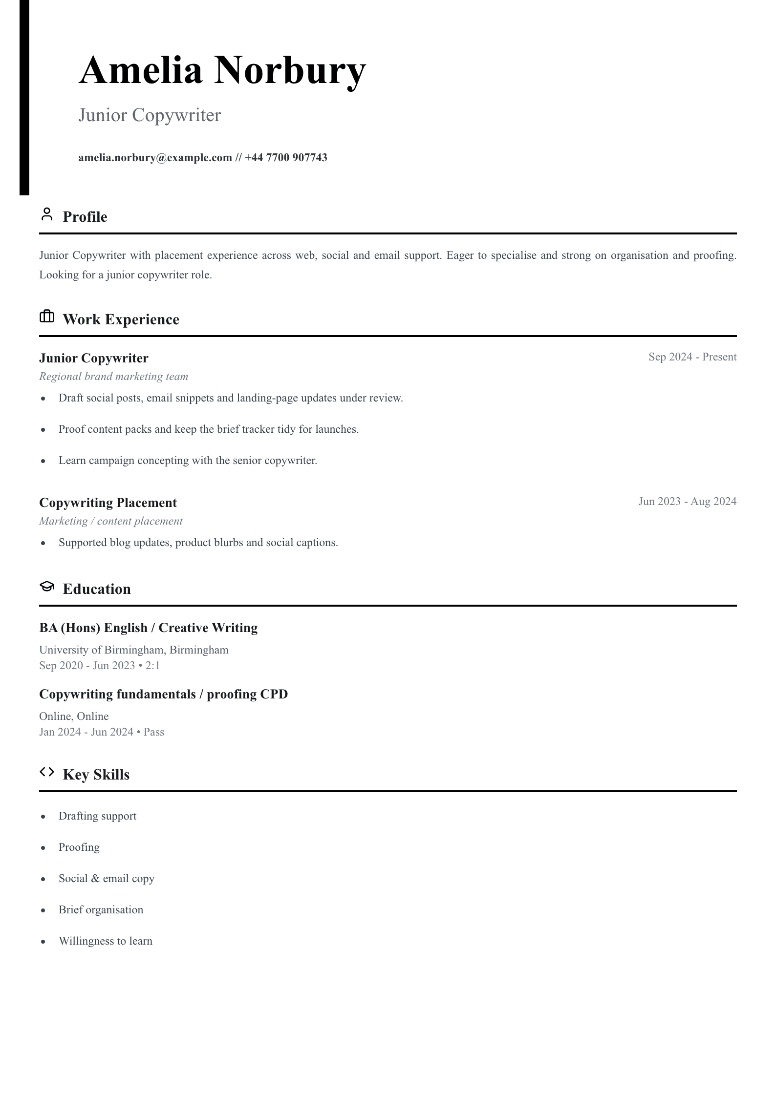 junior copywriter CV template