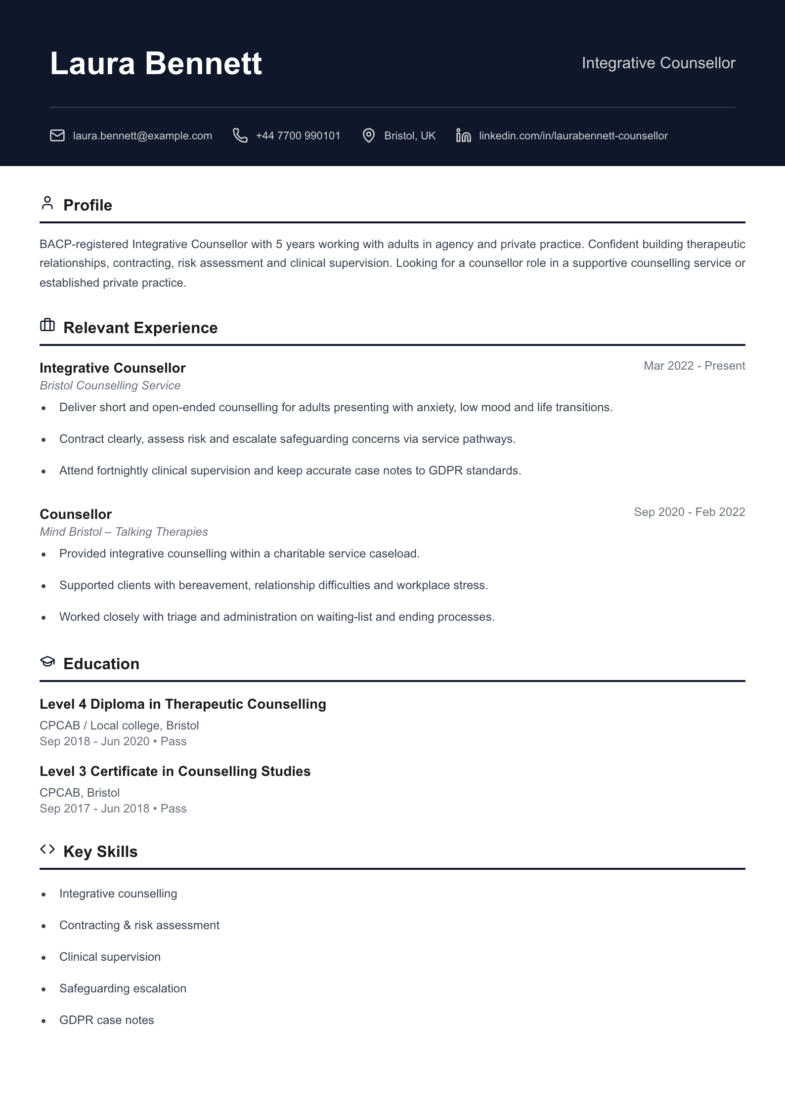 Integrative counsellor CV template