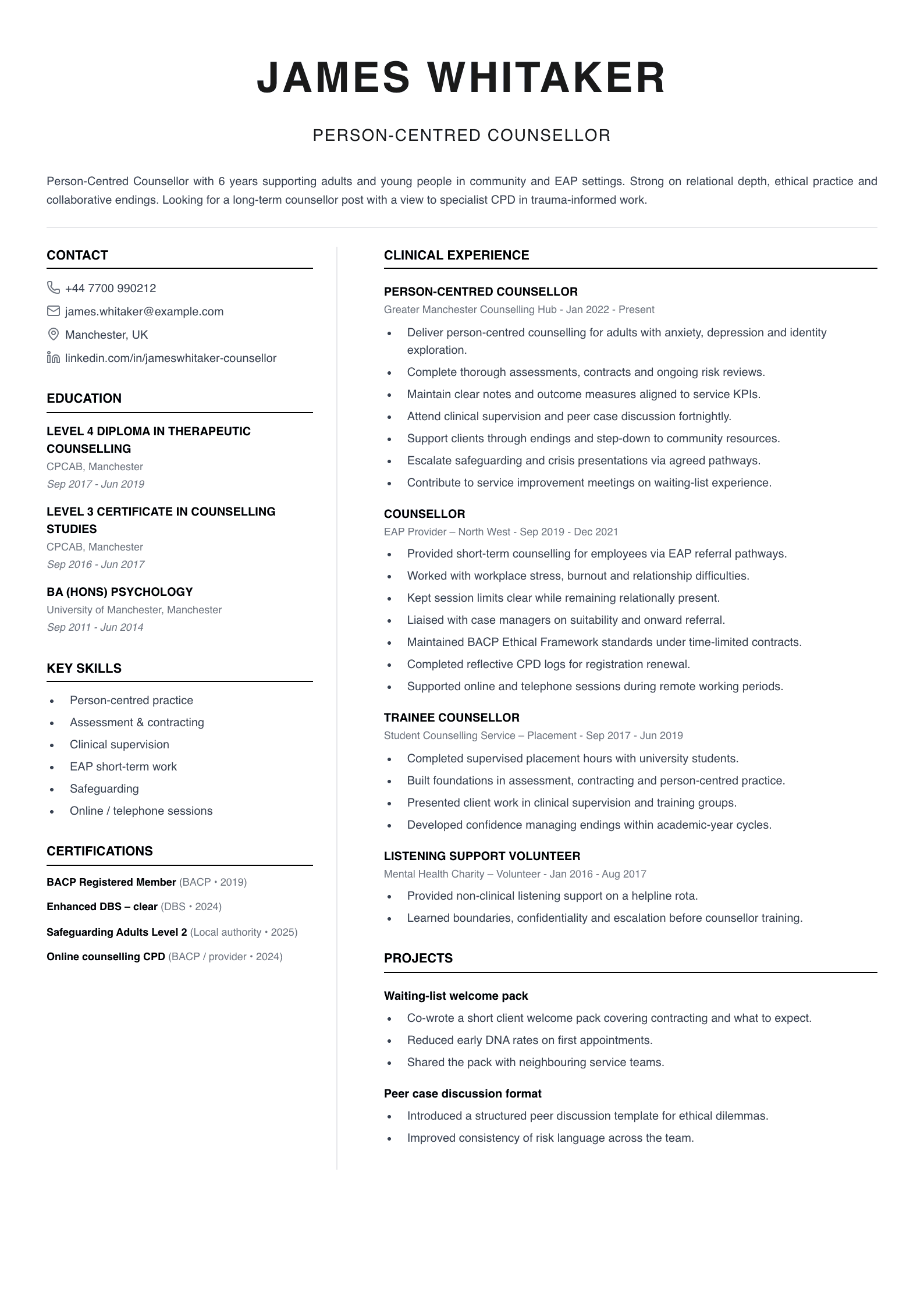 person-centred counsellor CV template