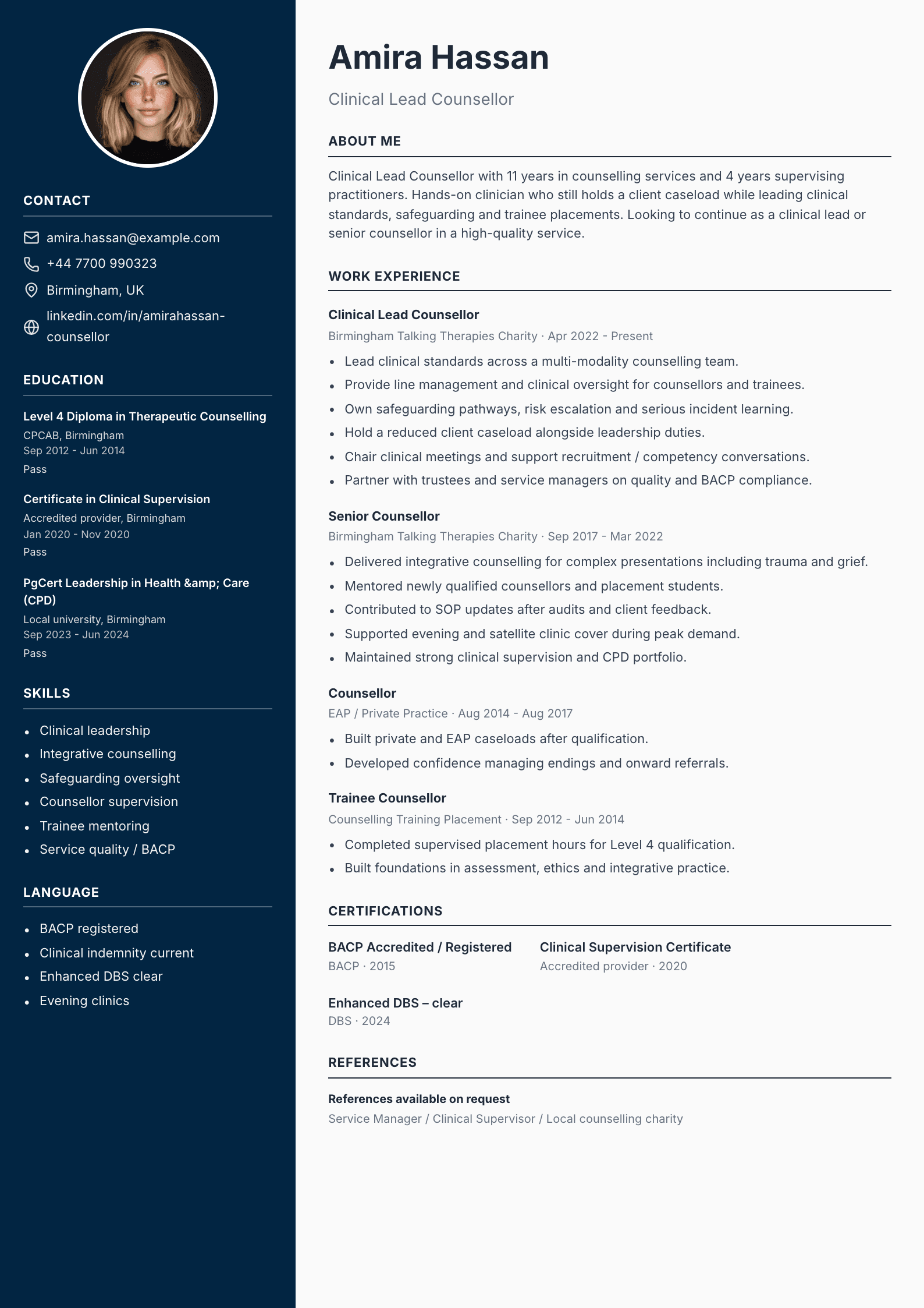 Clinical lead counsellor CV template