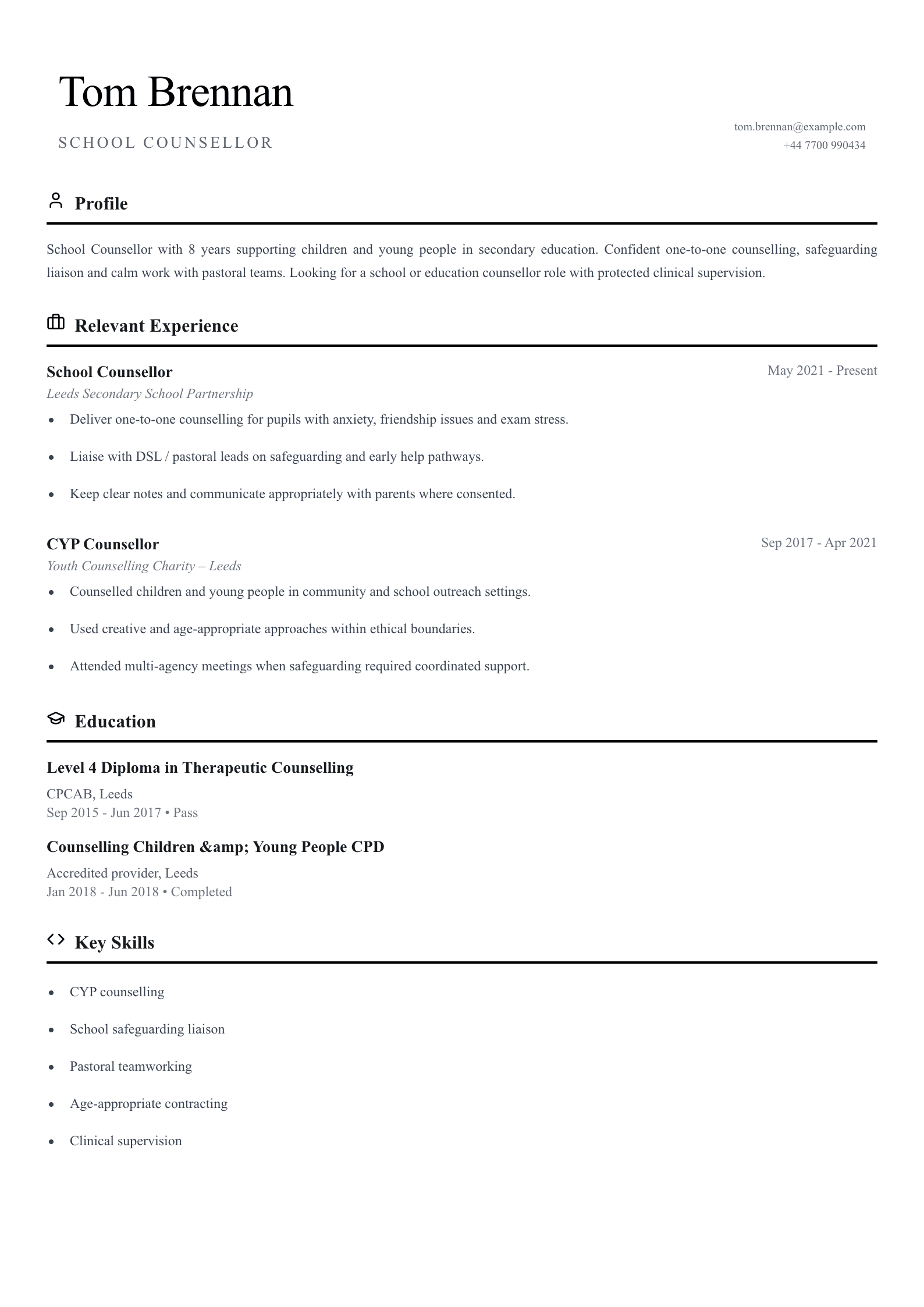 School counsellor CV template