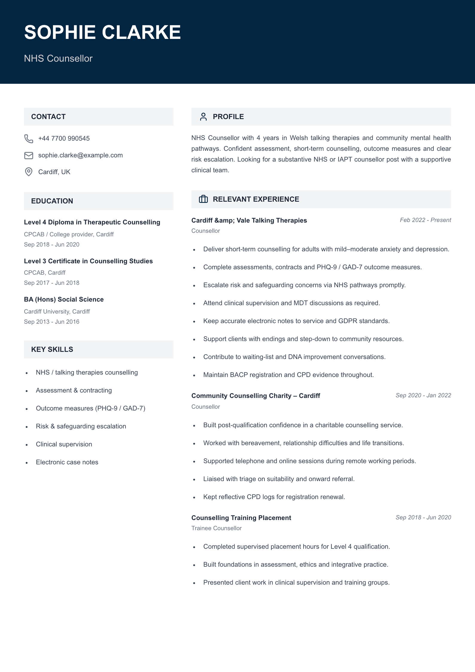 NHS counsellor CV template