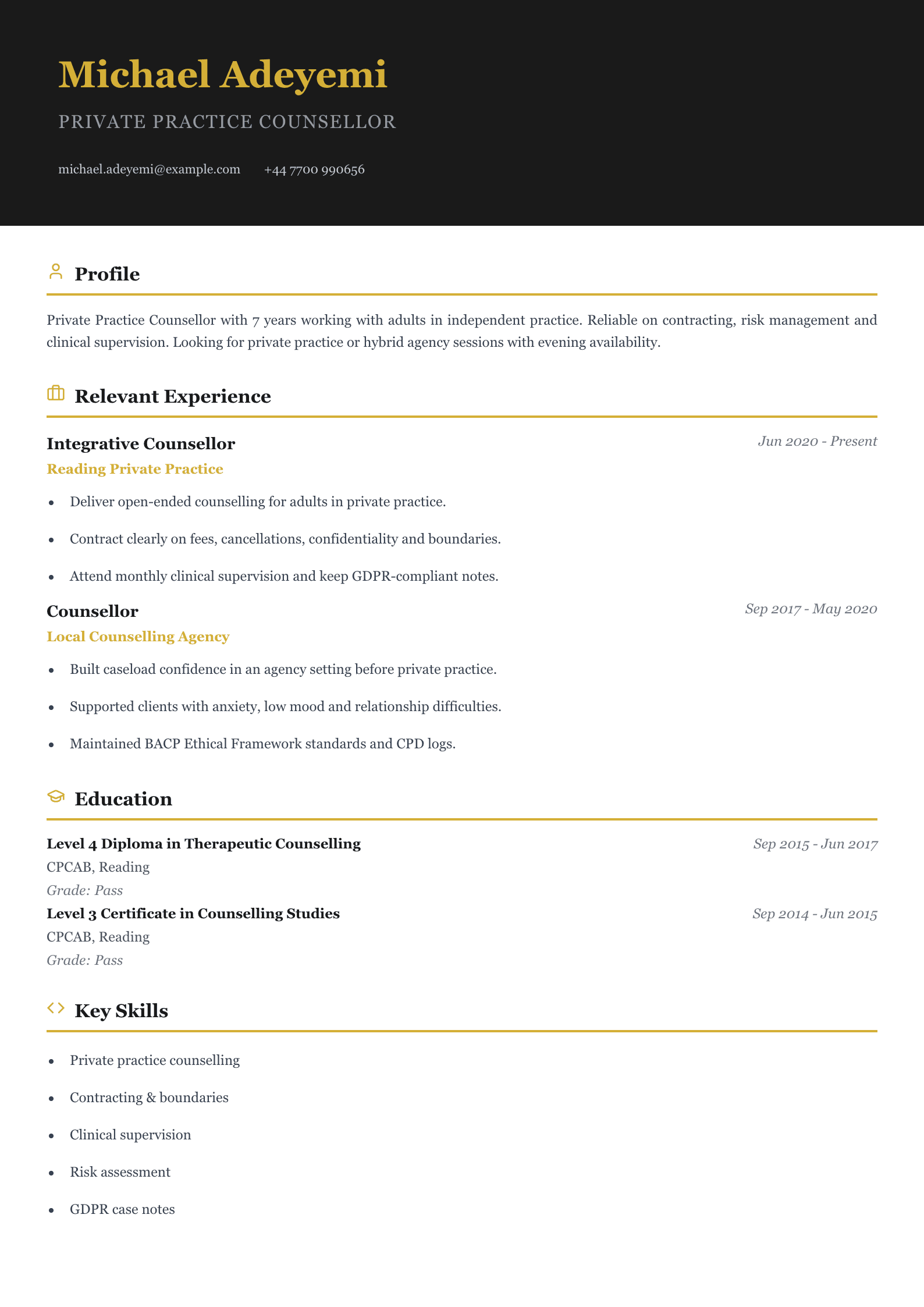 private practice counsellor CV template