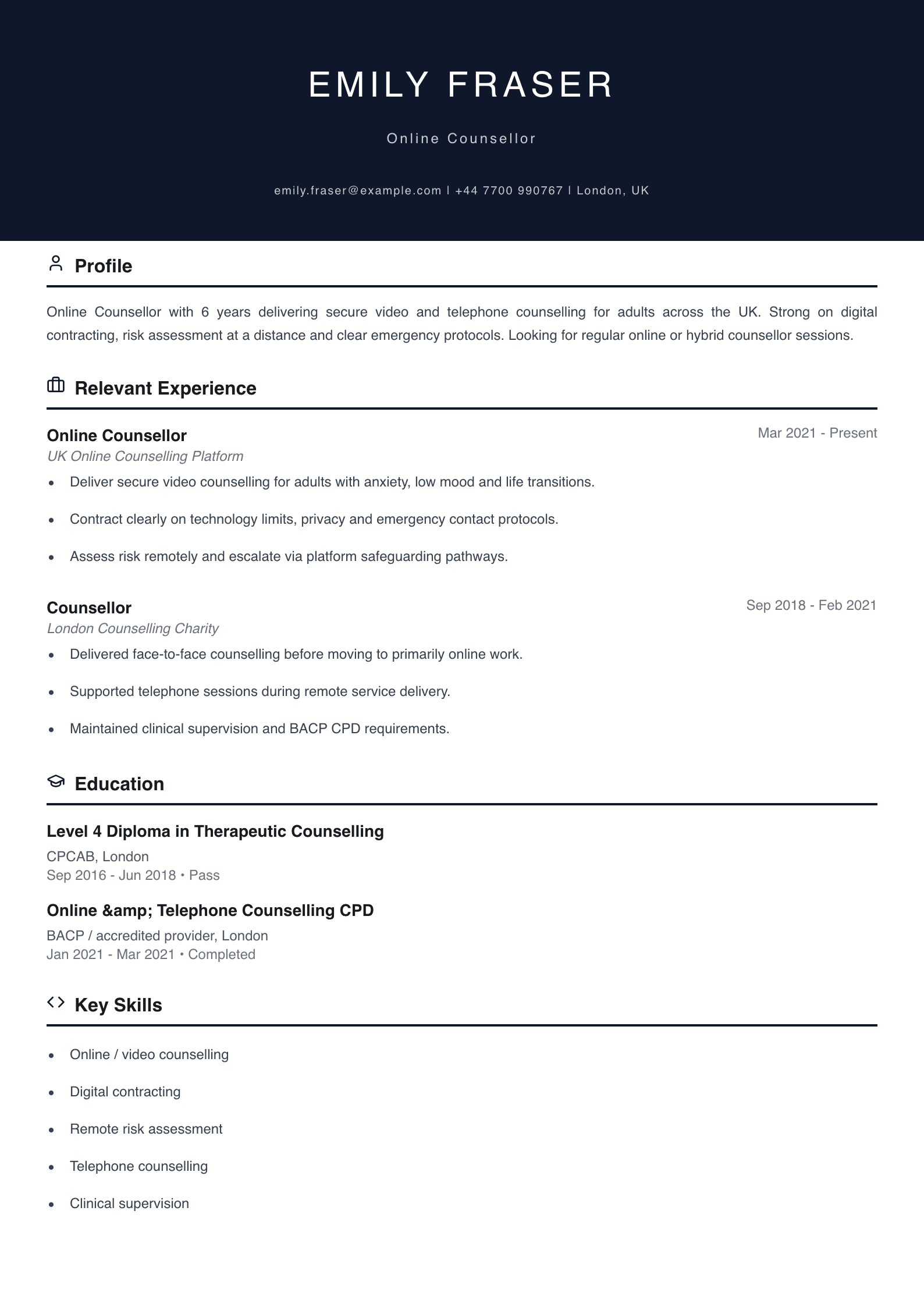 online counsellor CV template