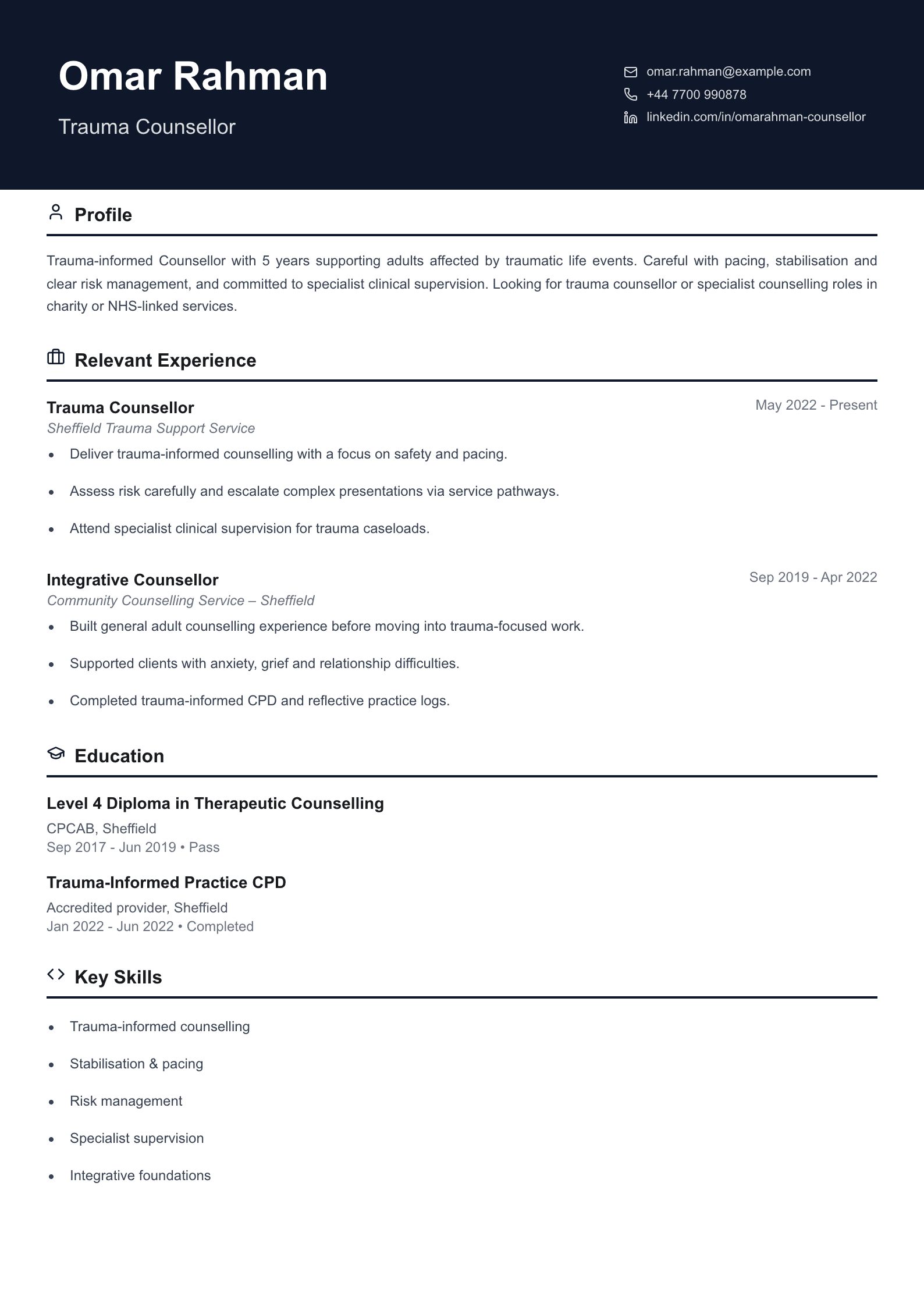 trauma counsellor CV template