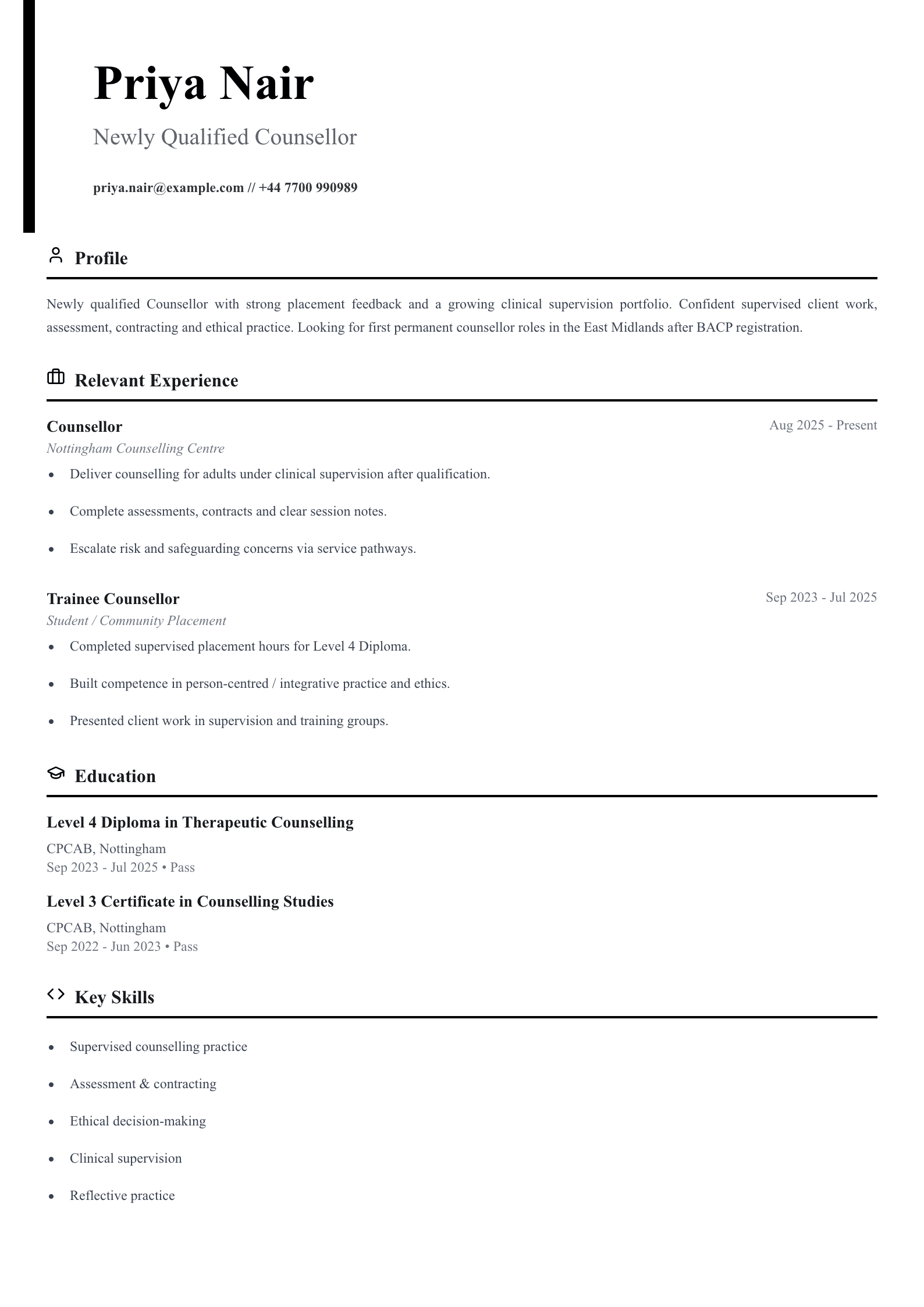 newly qualified counsellor CV template
