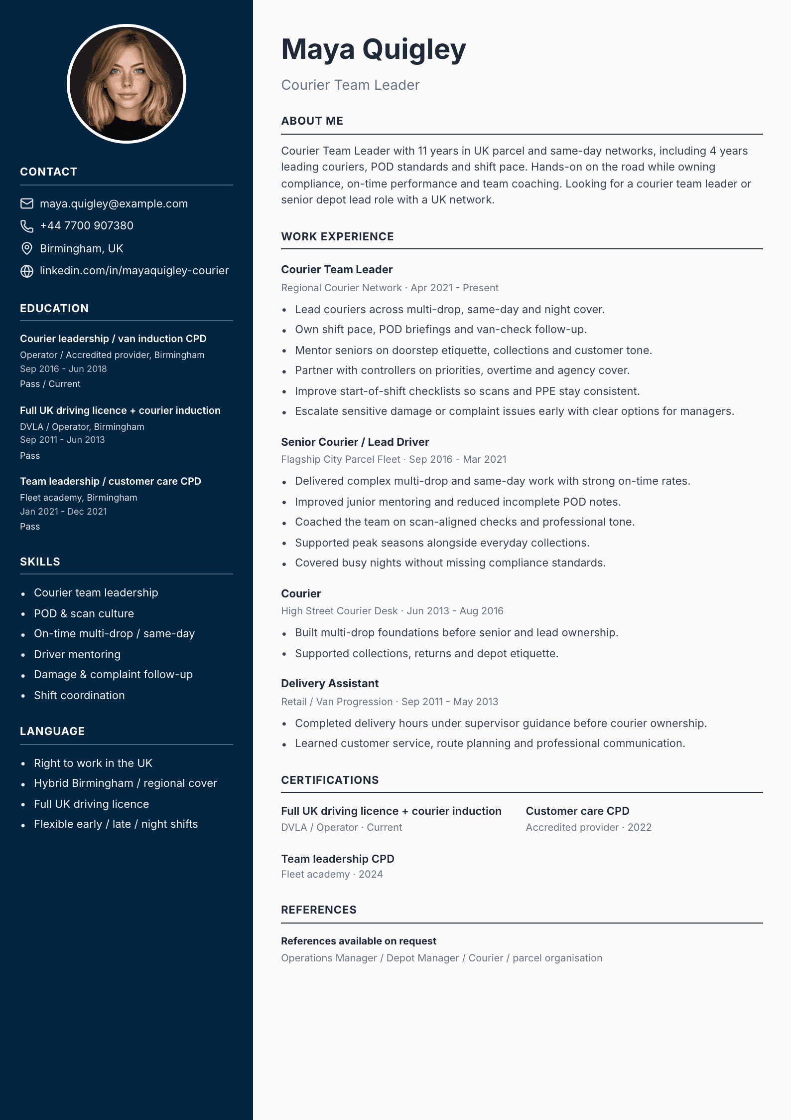 Courier team leader CV template