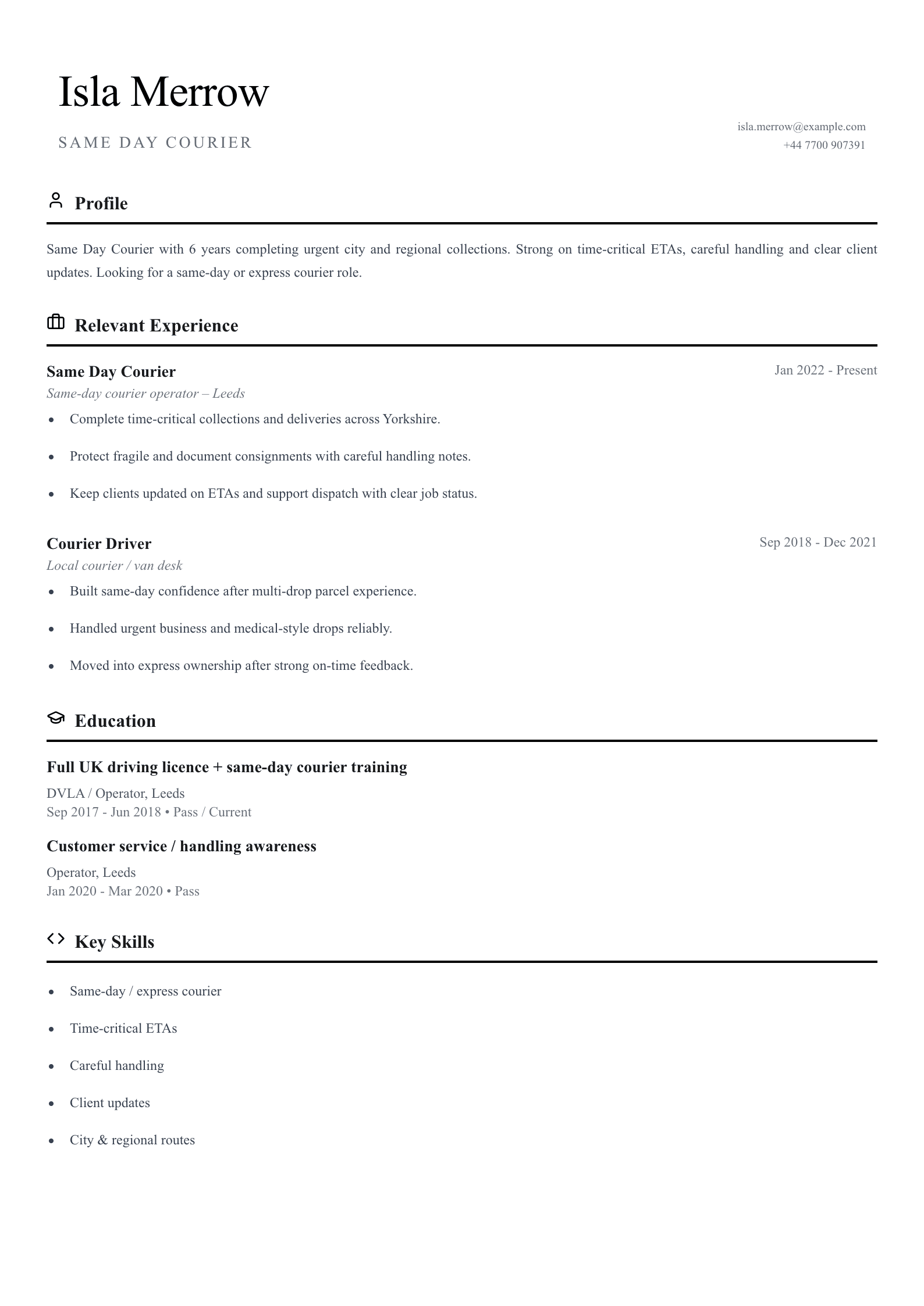 Same day courier CV template