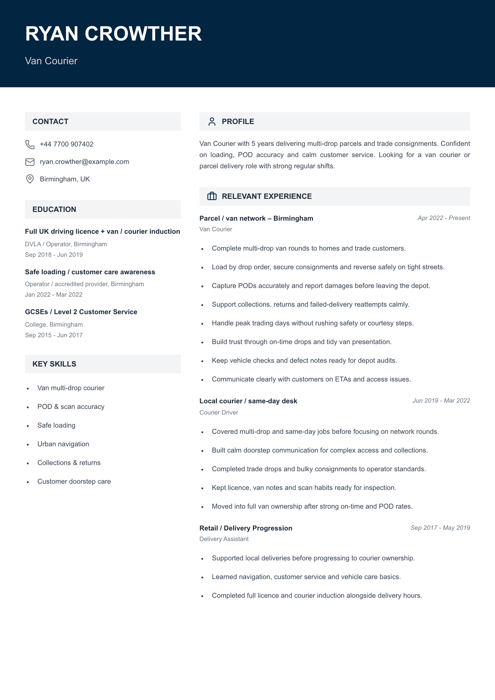 van courier CV template