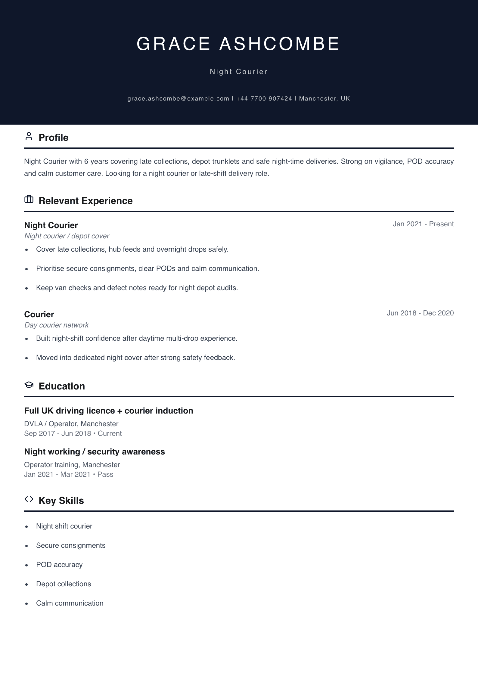 night courier CV template