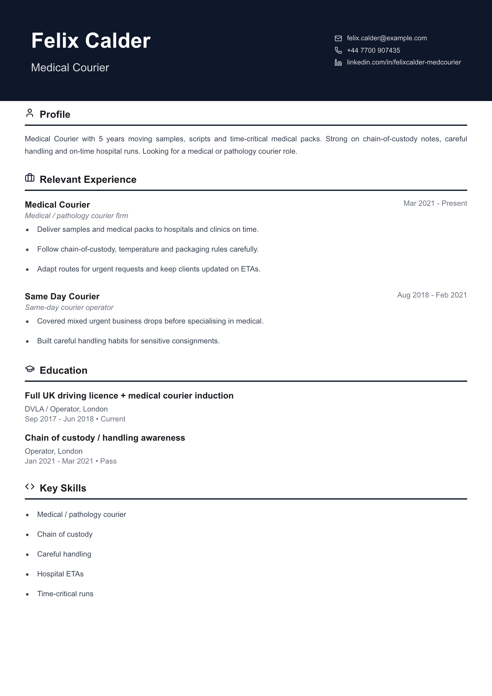 medical courier CV template