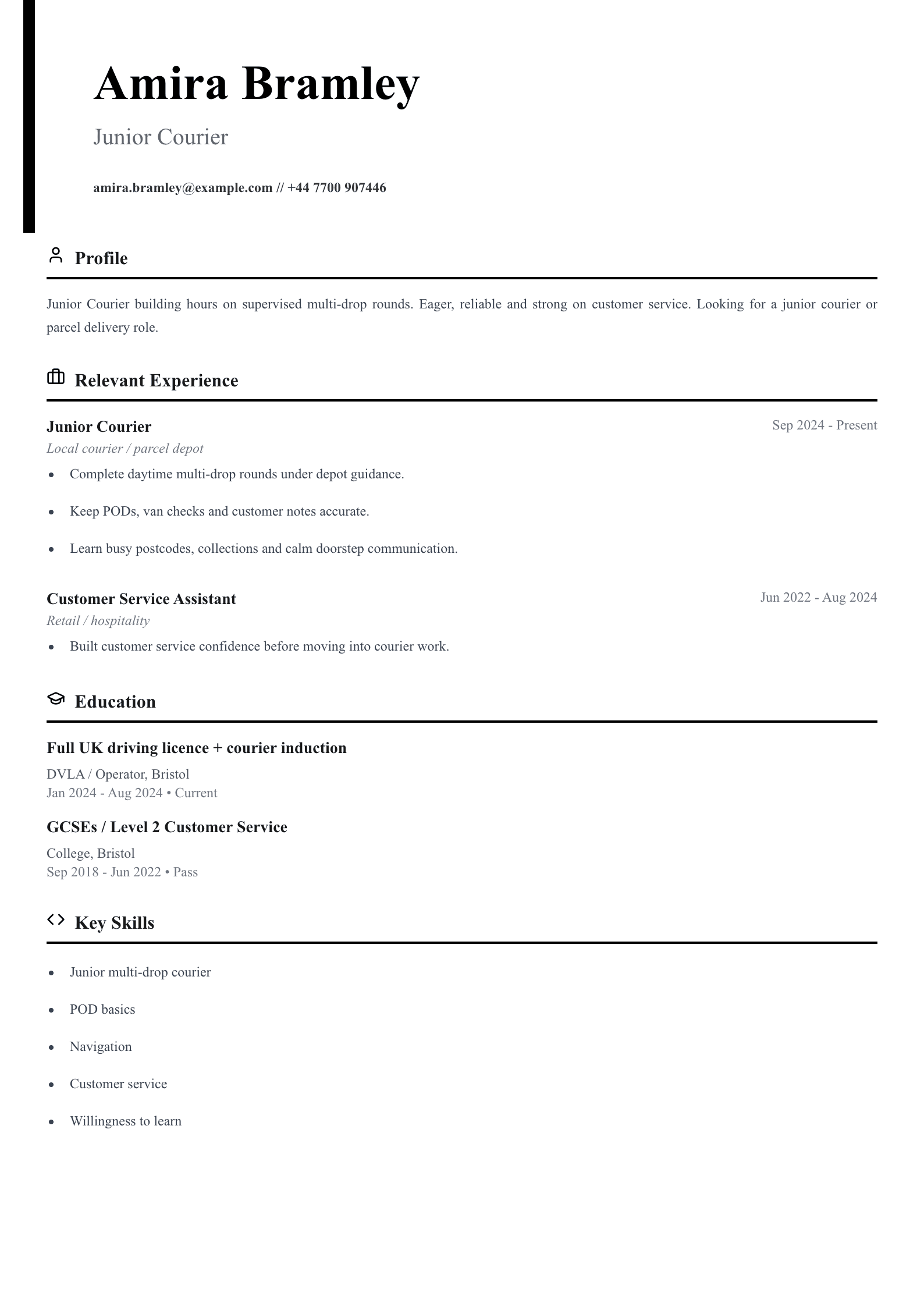 junior courier CV template