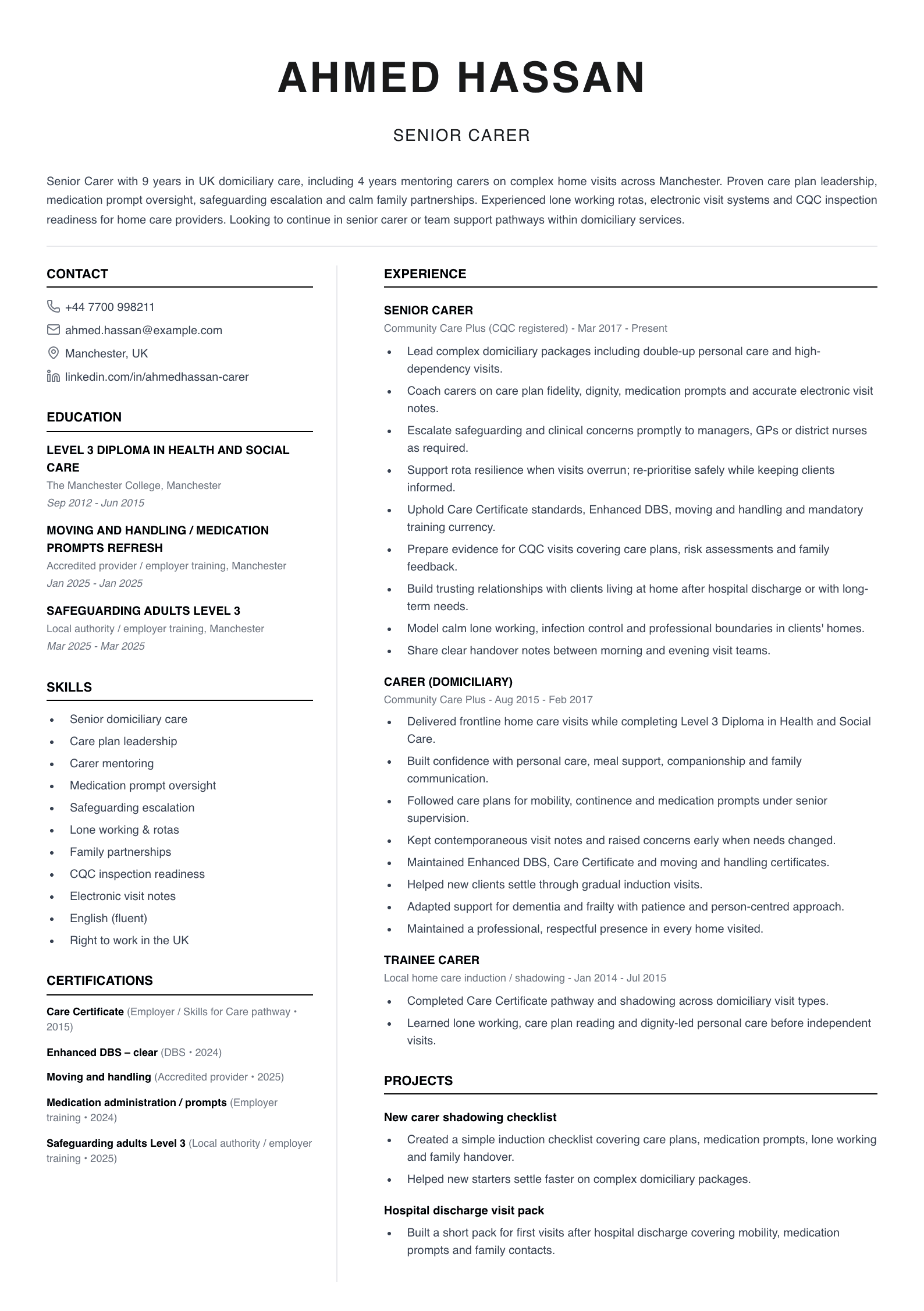 senior carer cv template