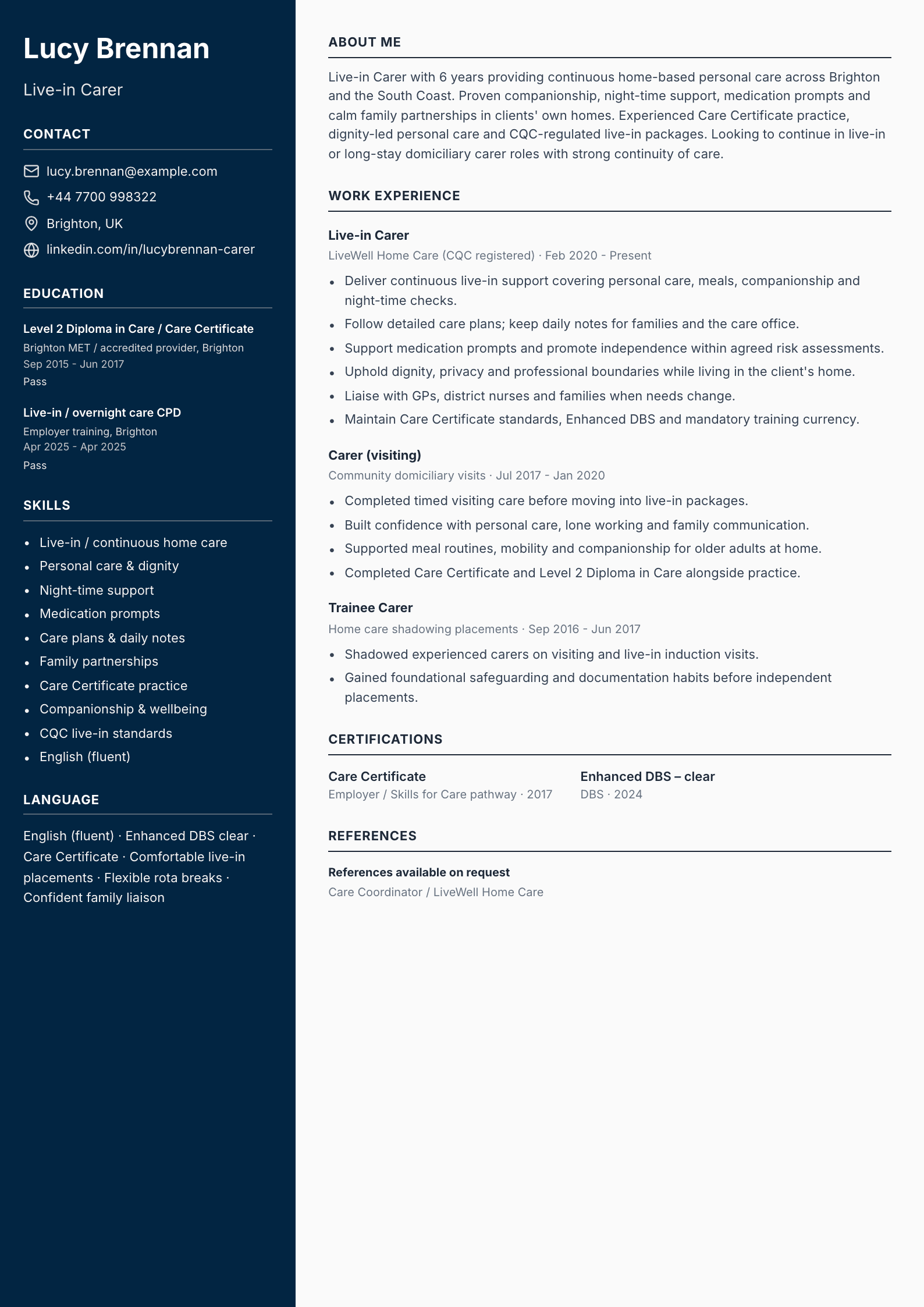 live in carer cv template