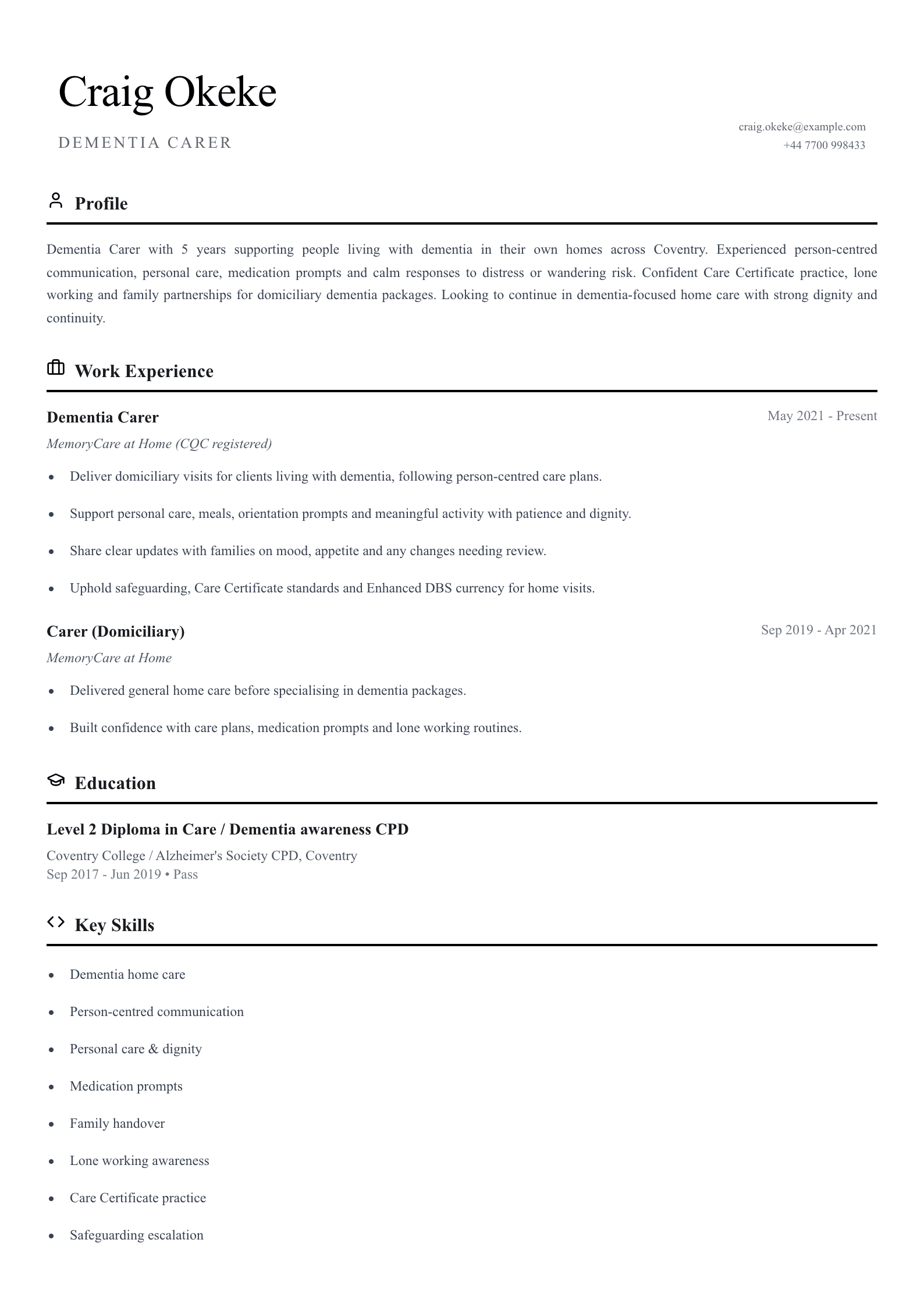 dementia carer cv template