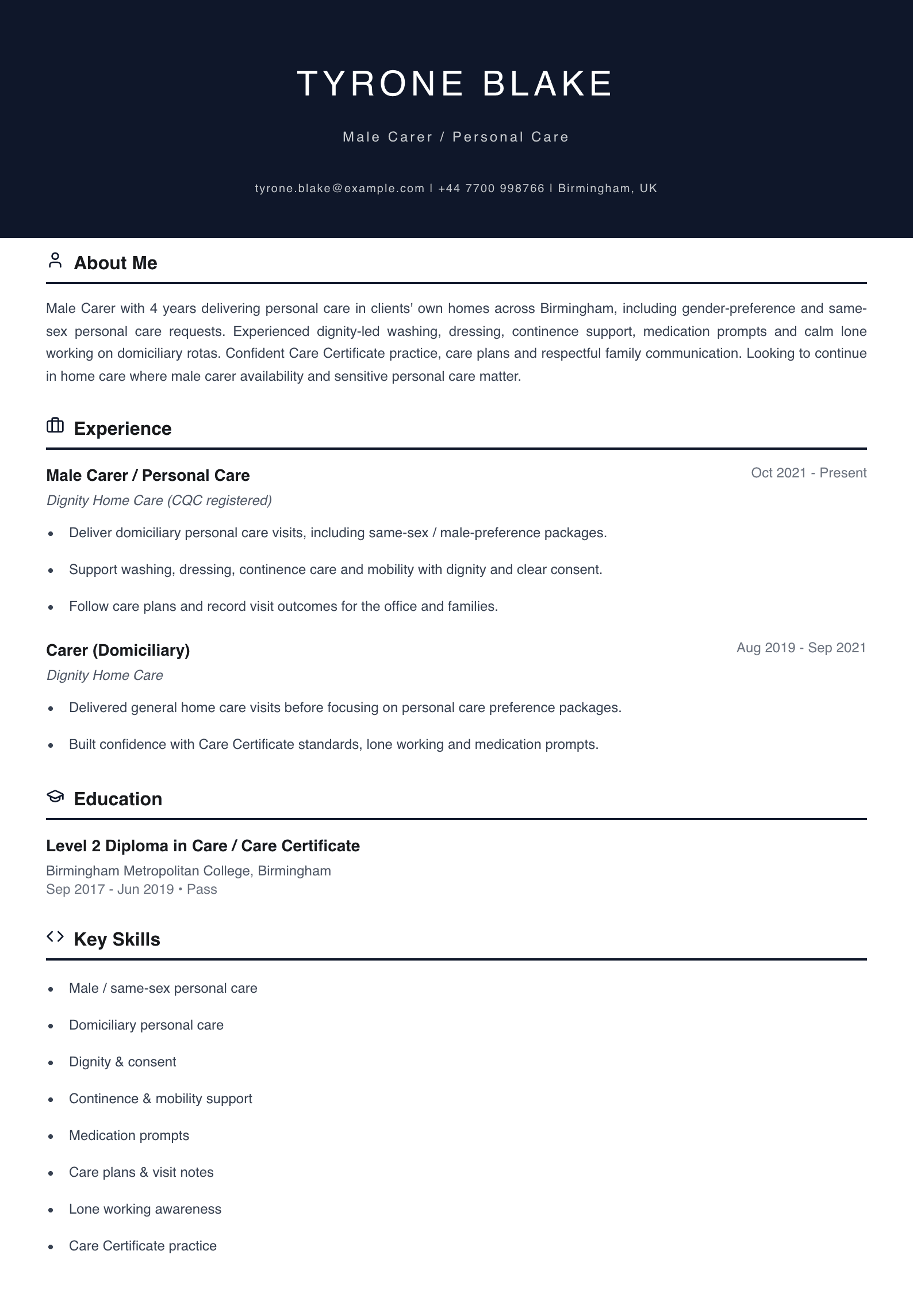 male carer personal care cv template