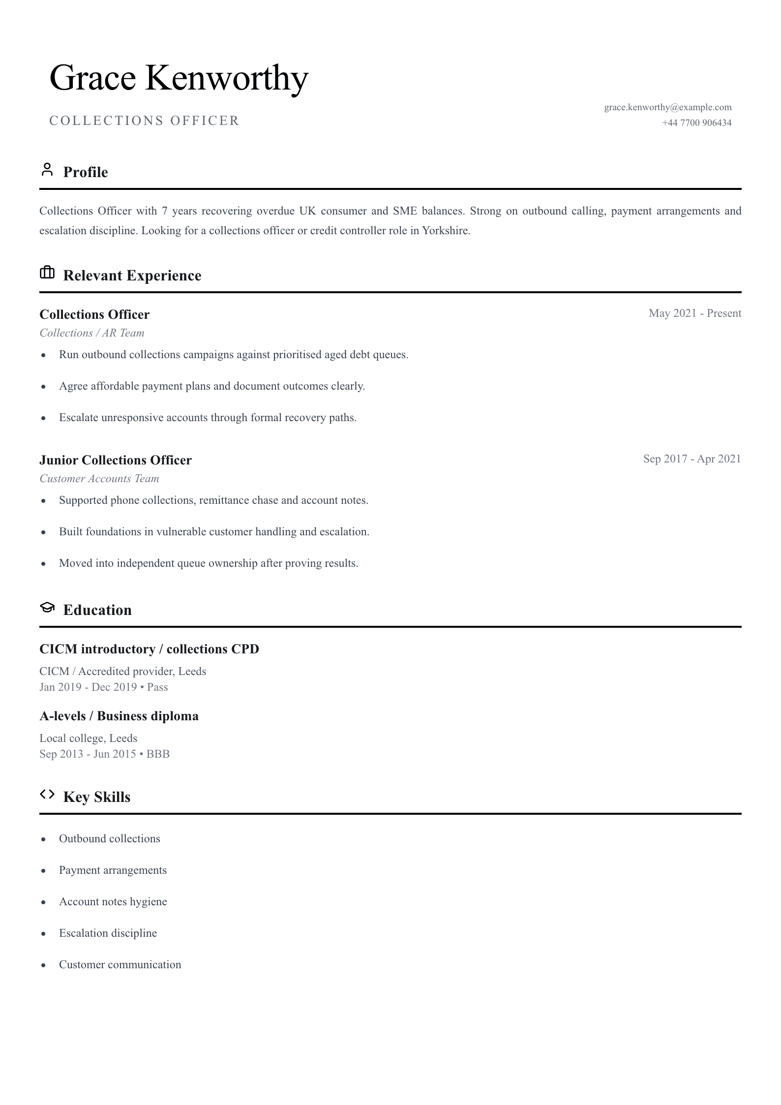 Collections officer CV template