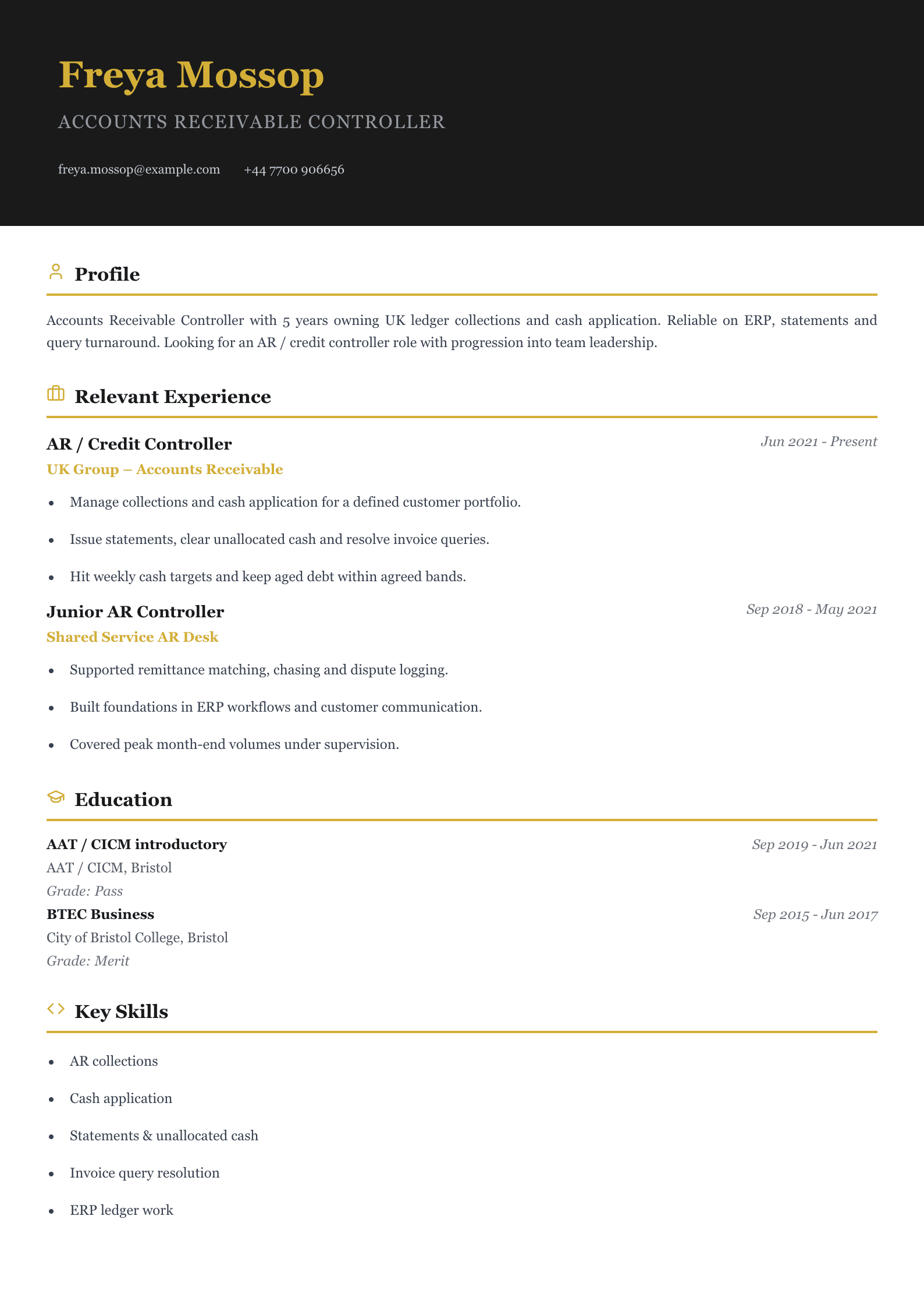 accounts receivable controller CV template