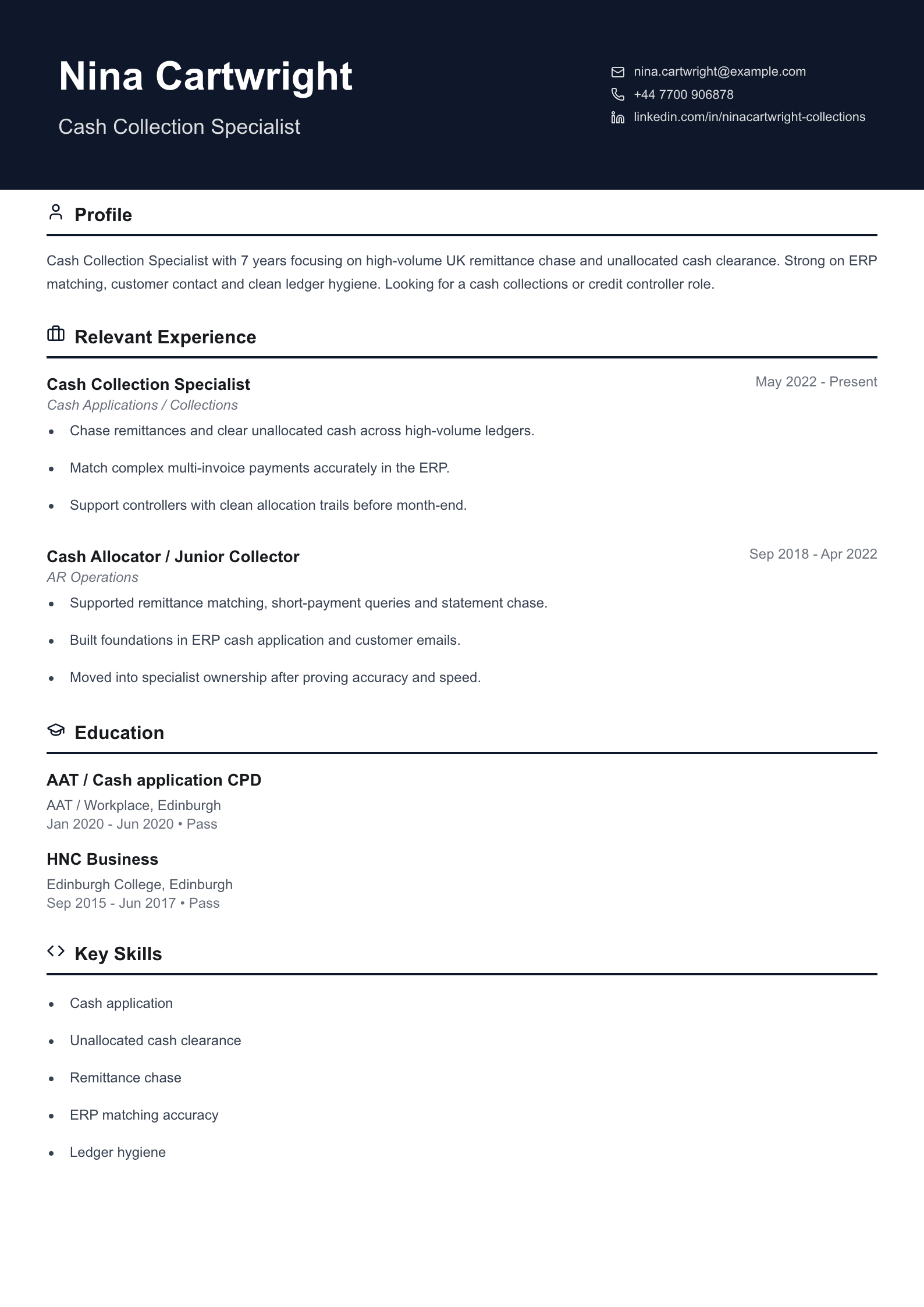 cash collection specialist CV template