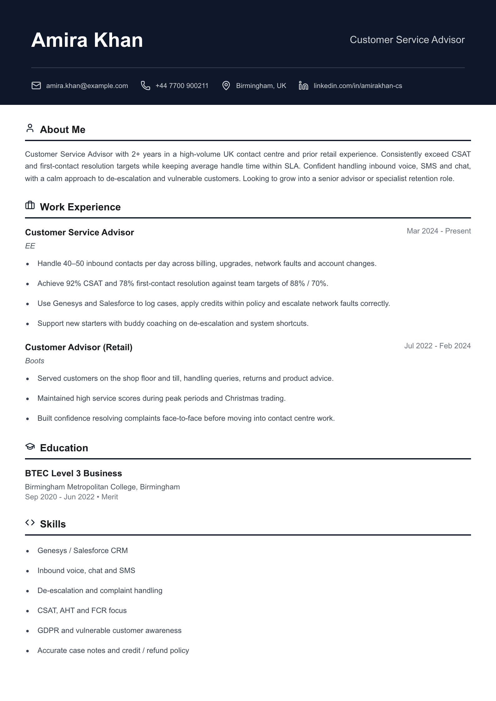 Contact centre advisor CV template
