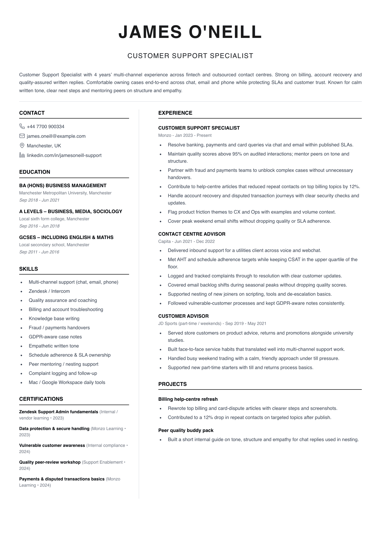 customer support specialist cv template