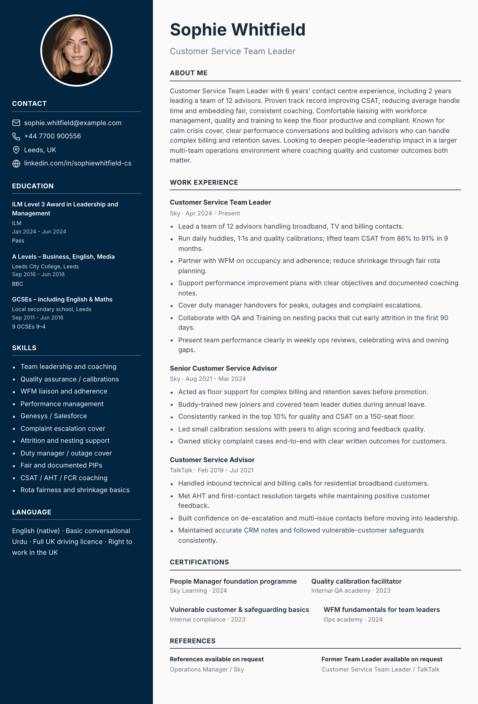 Customer service team leader CV template