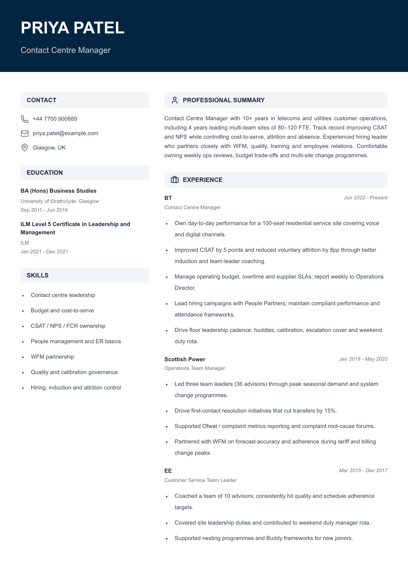 Contact centre manager CV template