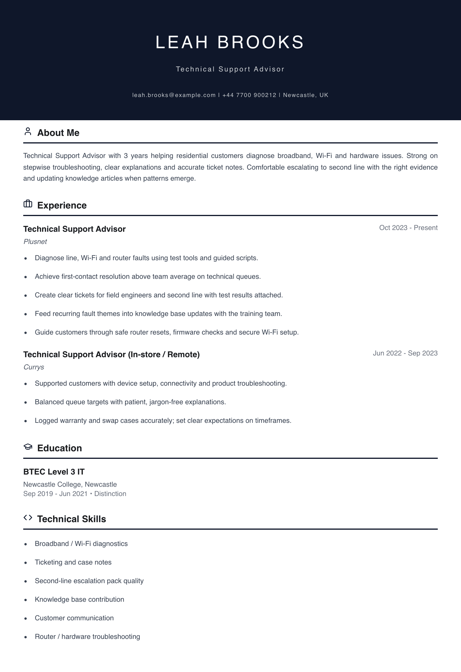 technical support advisor cv template