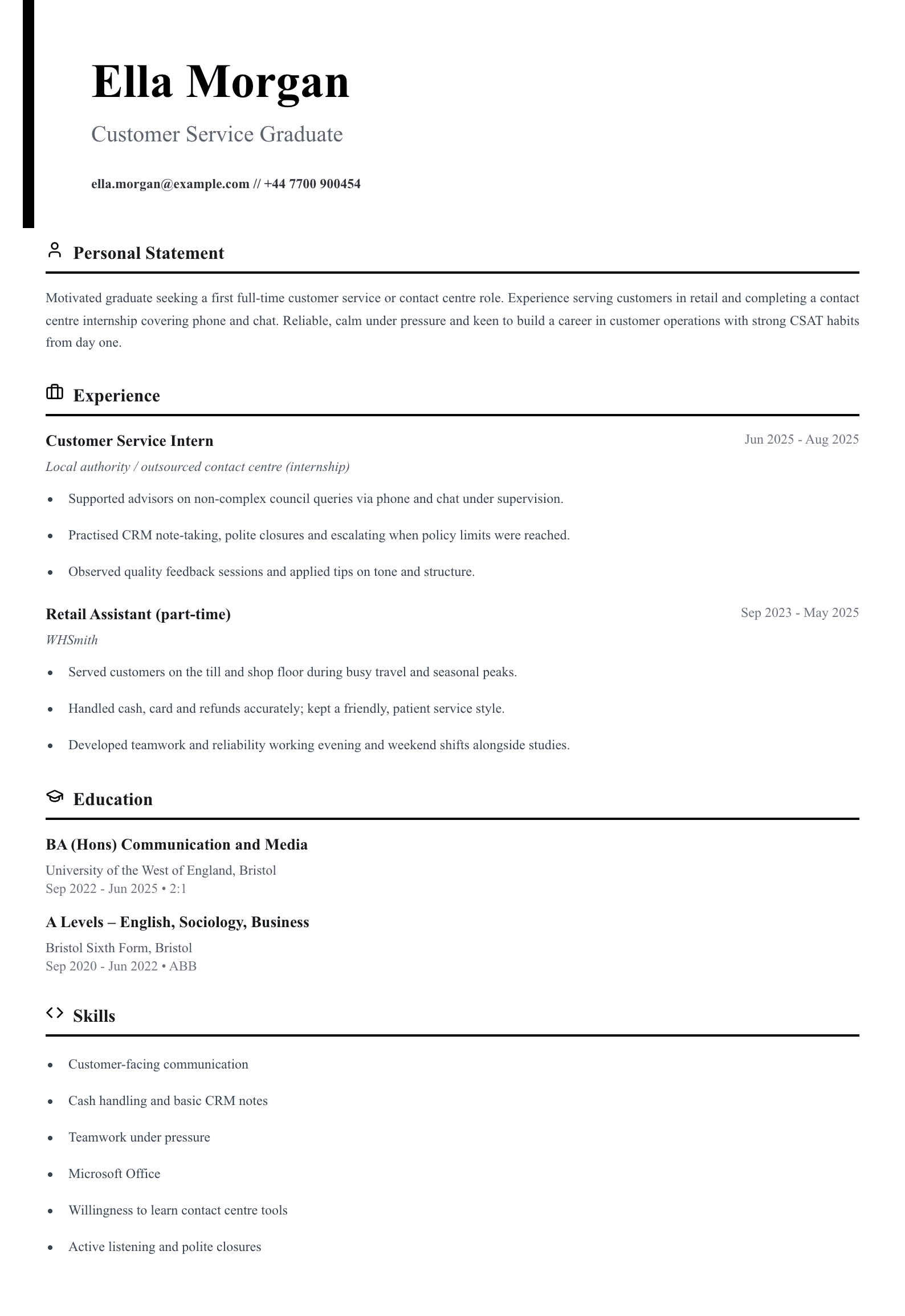 graduate customer service cv template