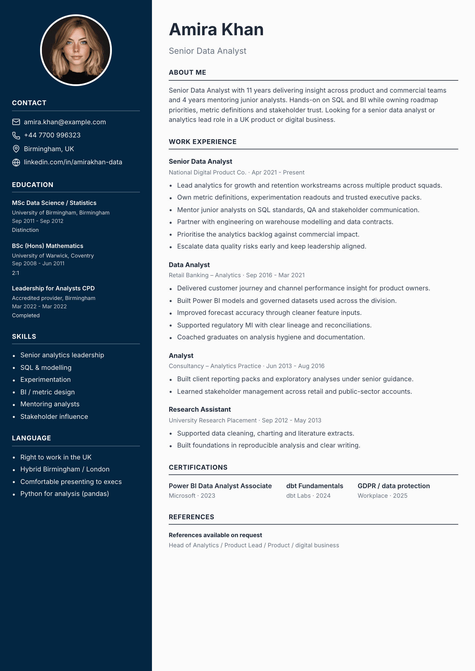 Senior data analyst CV template