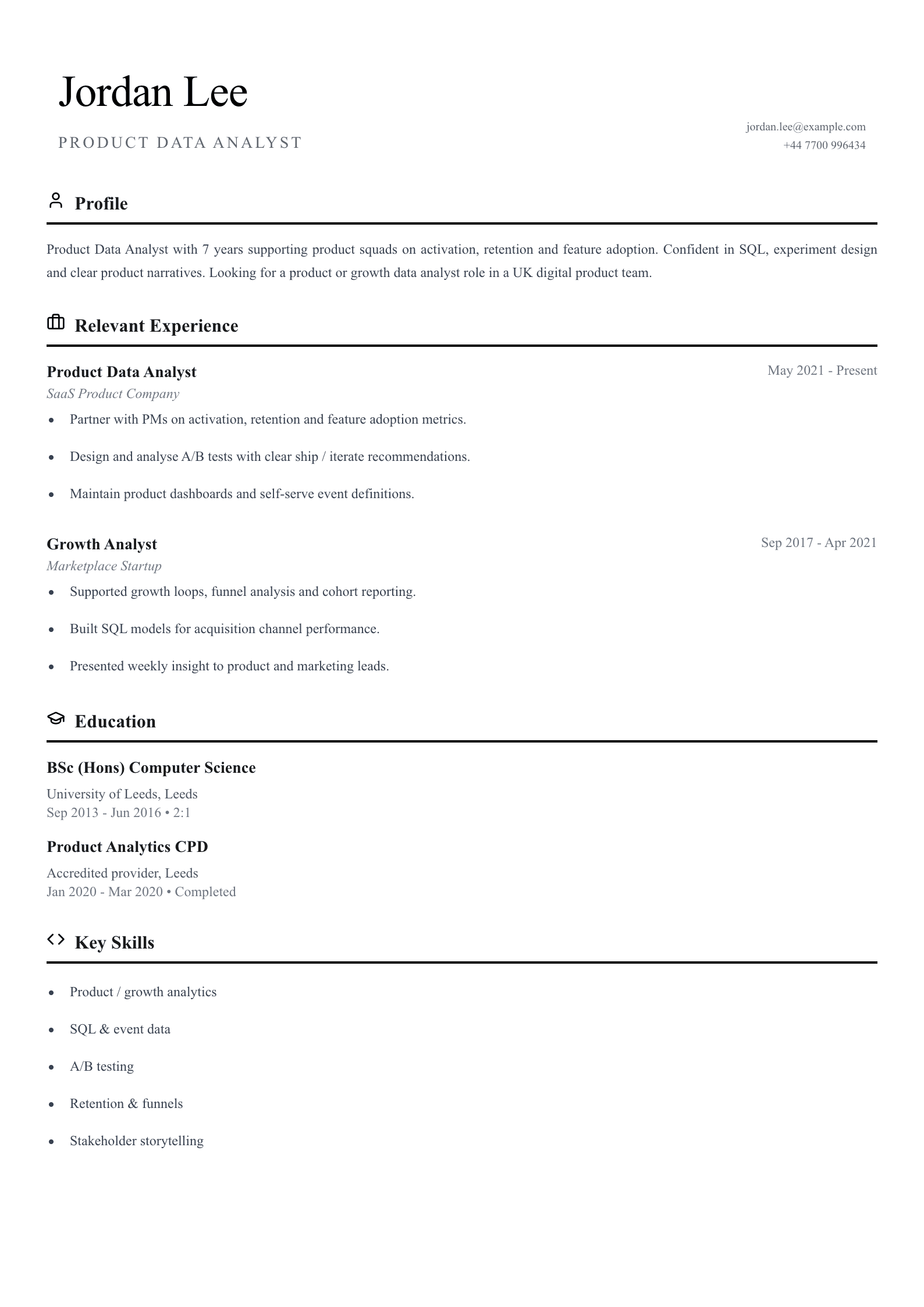 Product data analyst CV template
