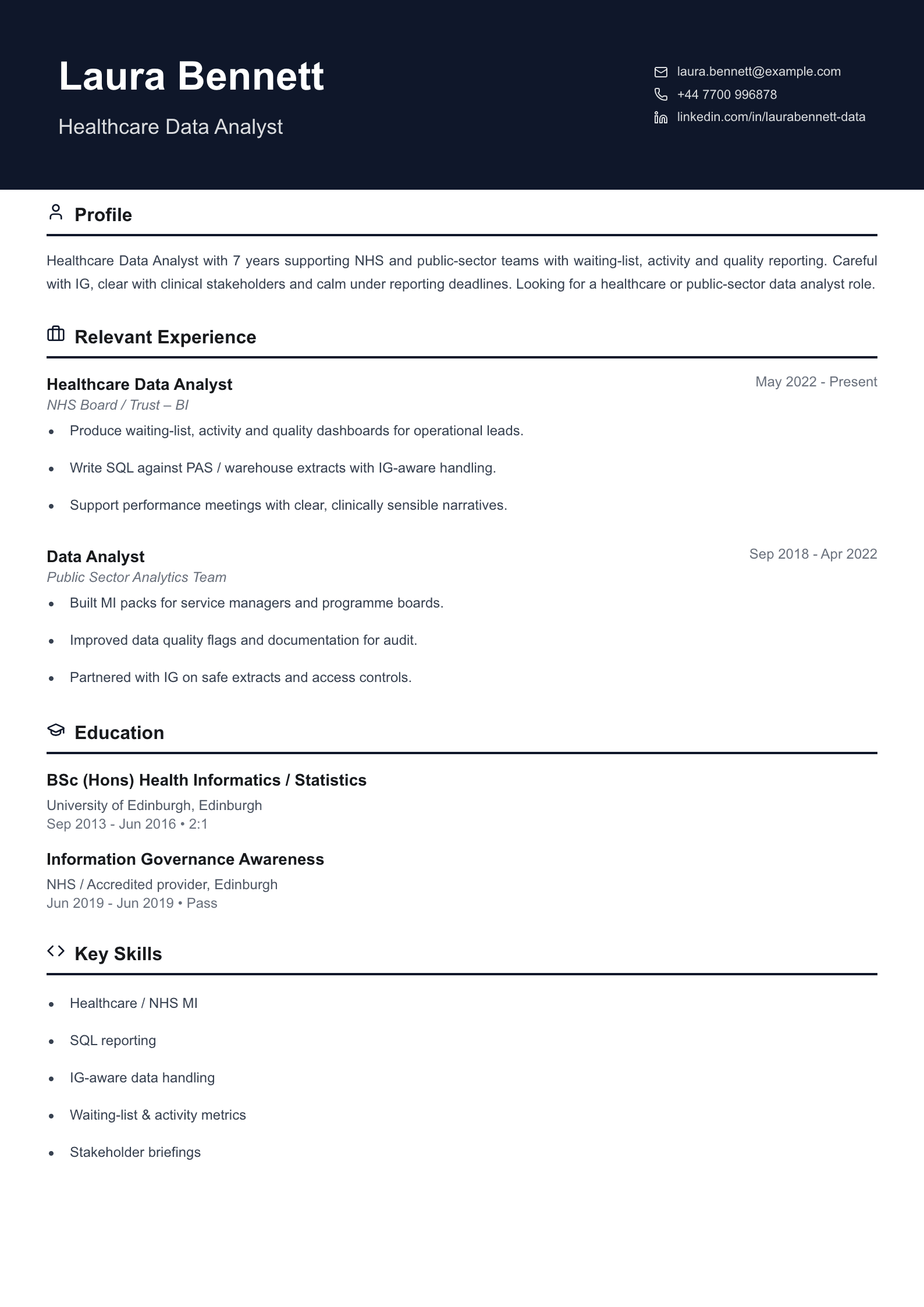 healthcare data analyst CV template