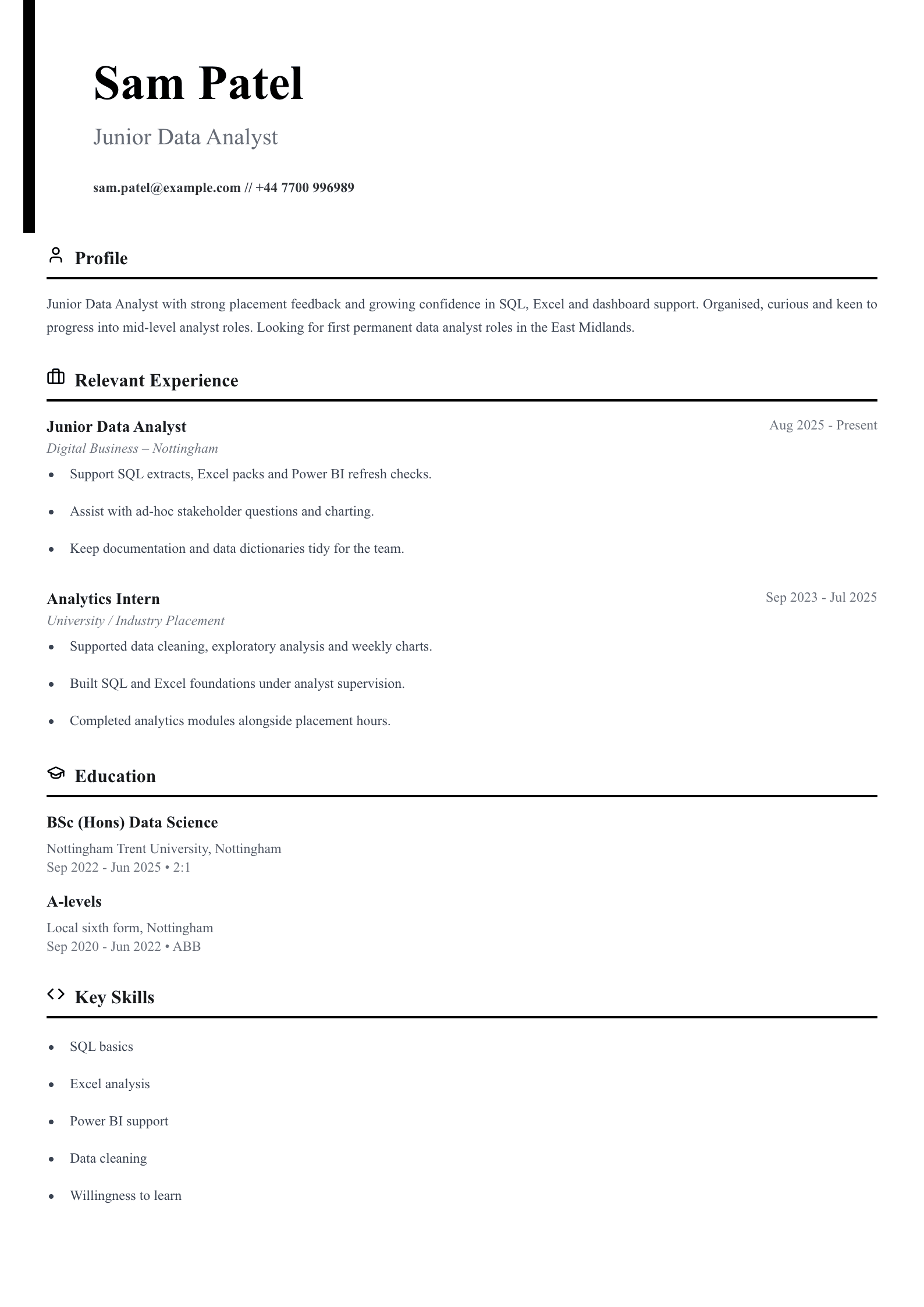 junior data analyst CV template